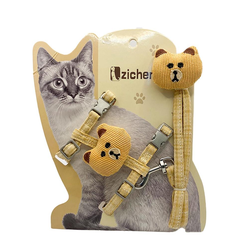 Zichen Panda Figürlü Çift Klipsli Kedi Köpek Göğüs Tasma Seti Hardal Small