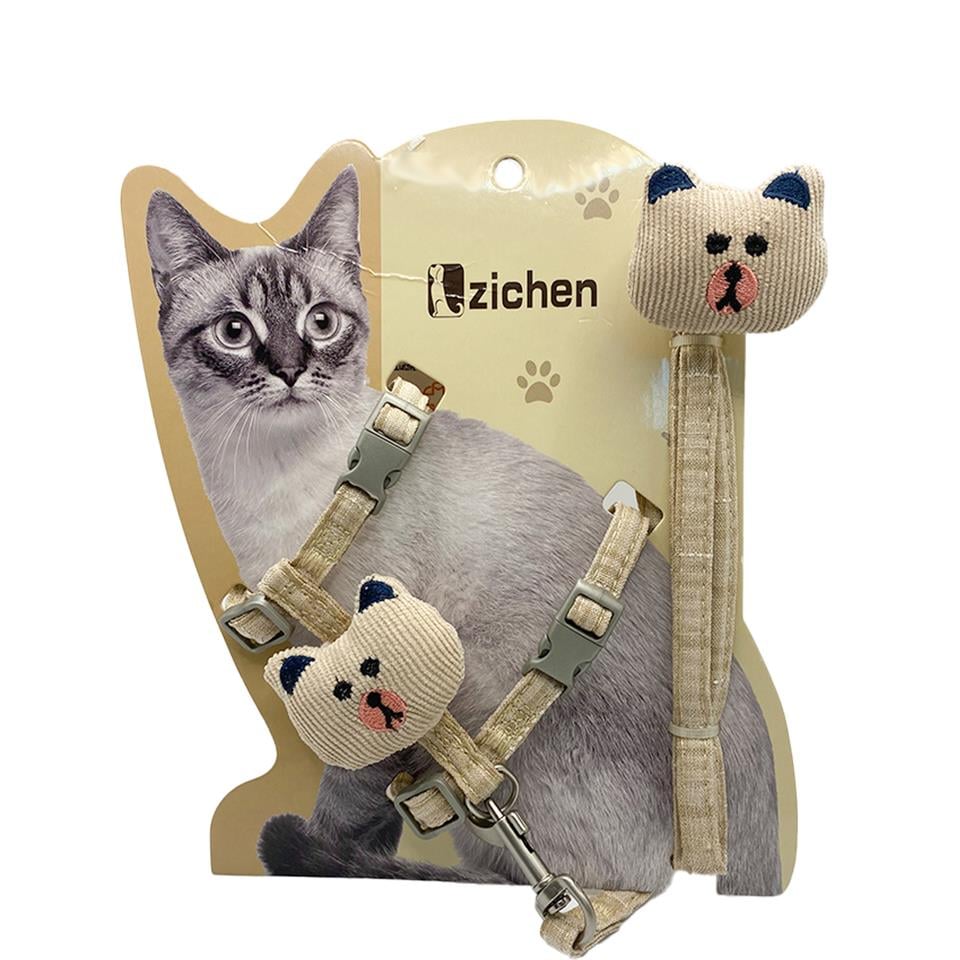 Zichen Panda Figürlü Çift Klipsli Kedi Köpek Göğüs Tasma Seti Bej Small