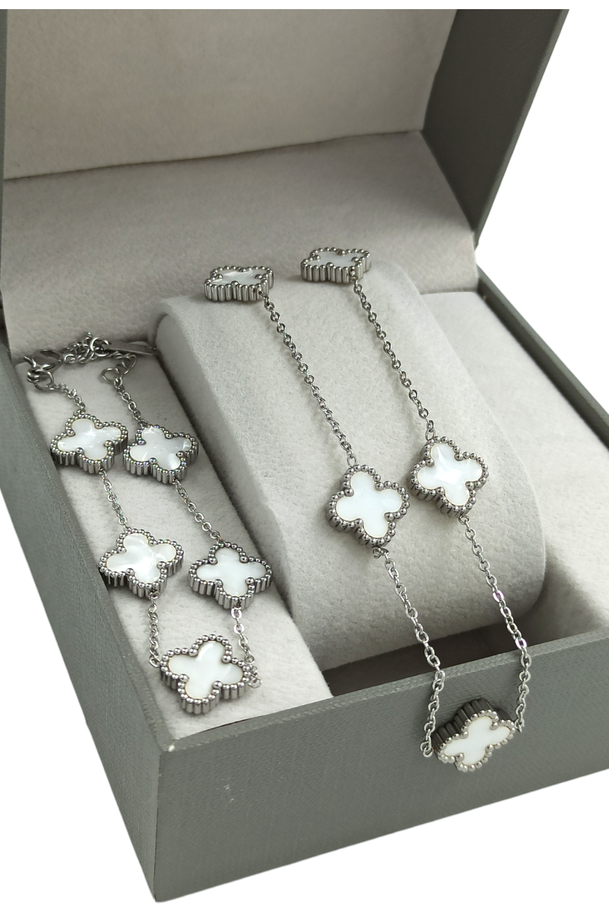 2'lü Çelik Çift Taraflı Sedefli Yonca Kolye Set Van Cleef Model Kolye Bileklik Set 