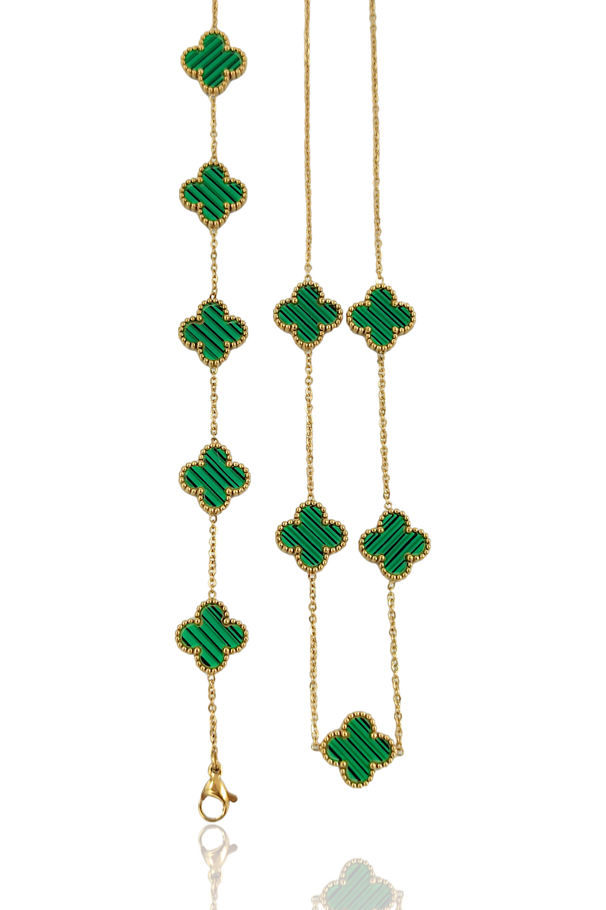 2'lü Çelik Çift Taraflı Sedefli Yonca Kolye Set Van Cleef Model Kolye Bileklik Set 