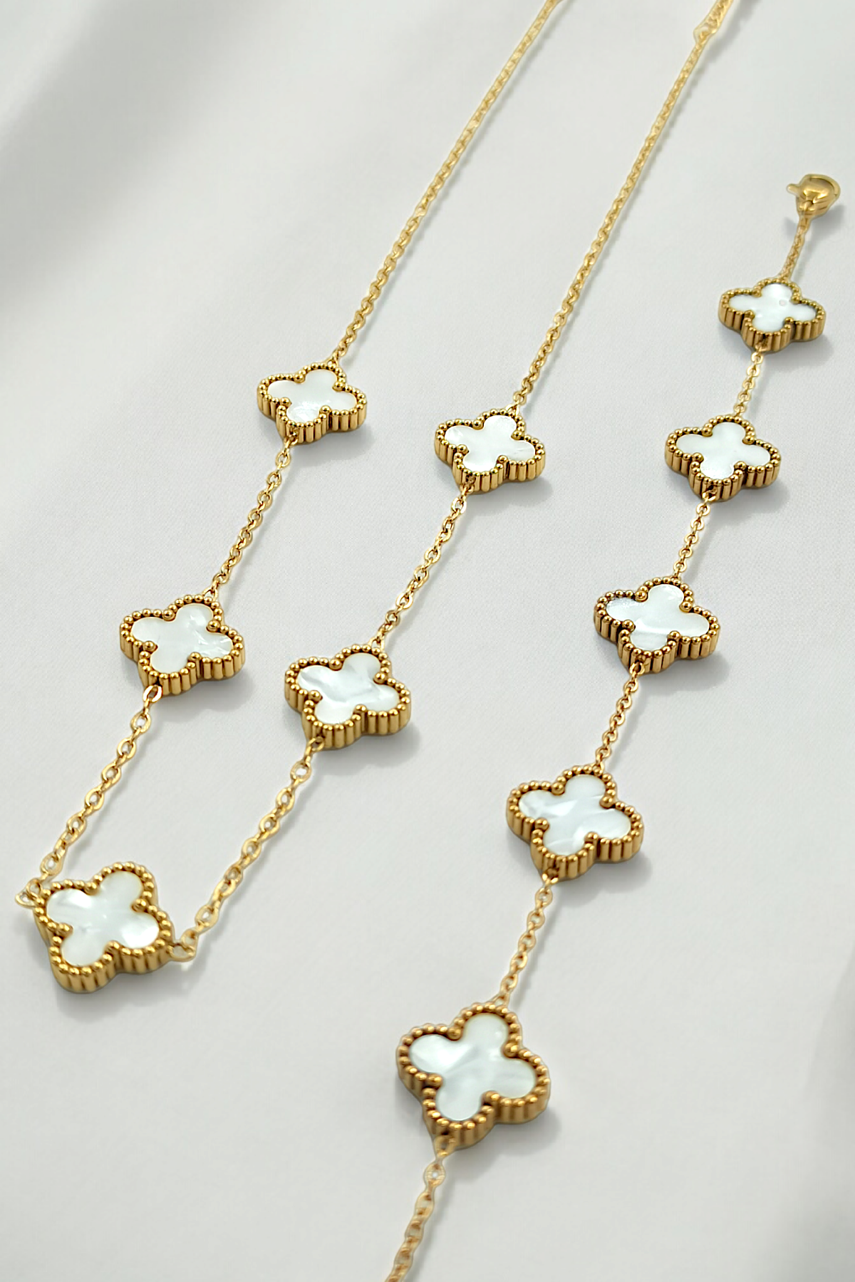 2'lü Çelik Çift Taraflı Sedefli Yonca Kolye Set Van Cleef Model Kolye Bileklik Set 