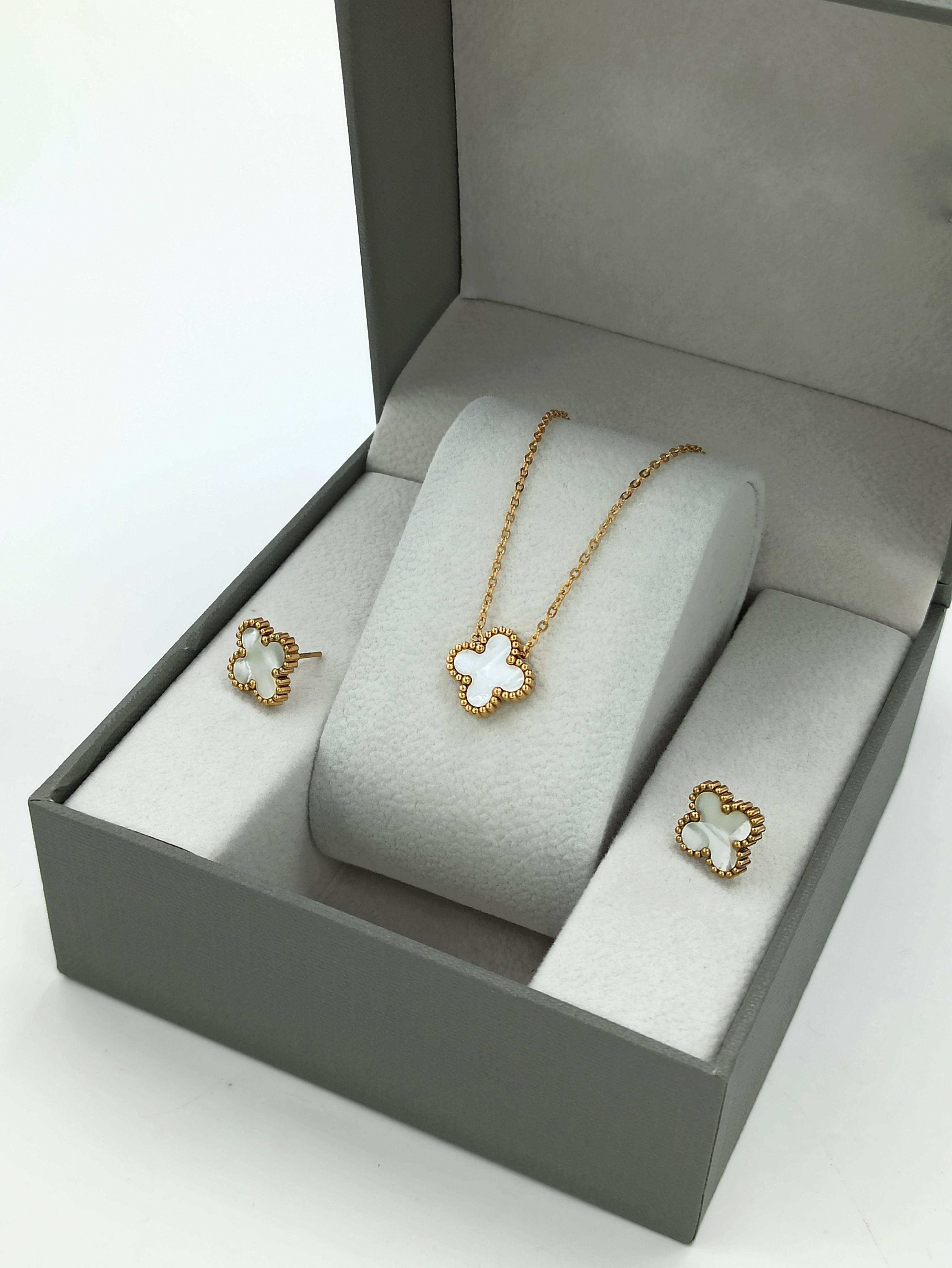 2'li Çelik Çift Taraflı Sedefli Yonca Kolye Set Van Cleef Model Kolye Küpe Set 