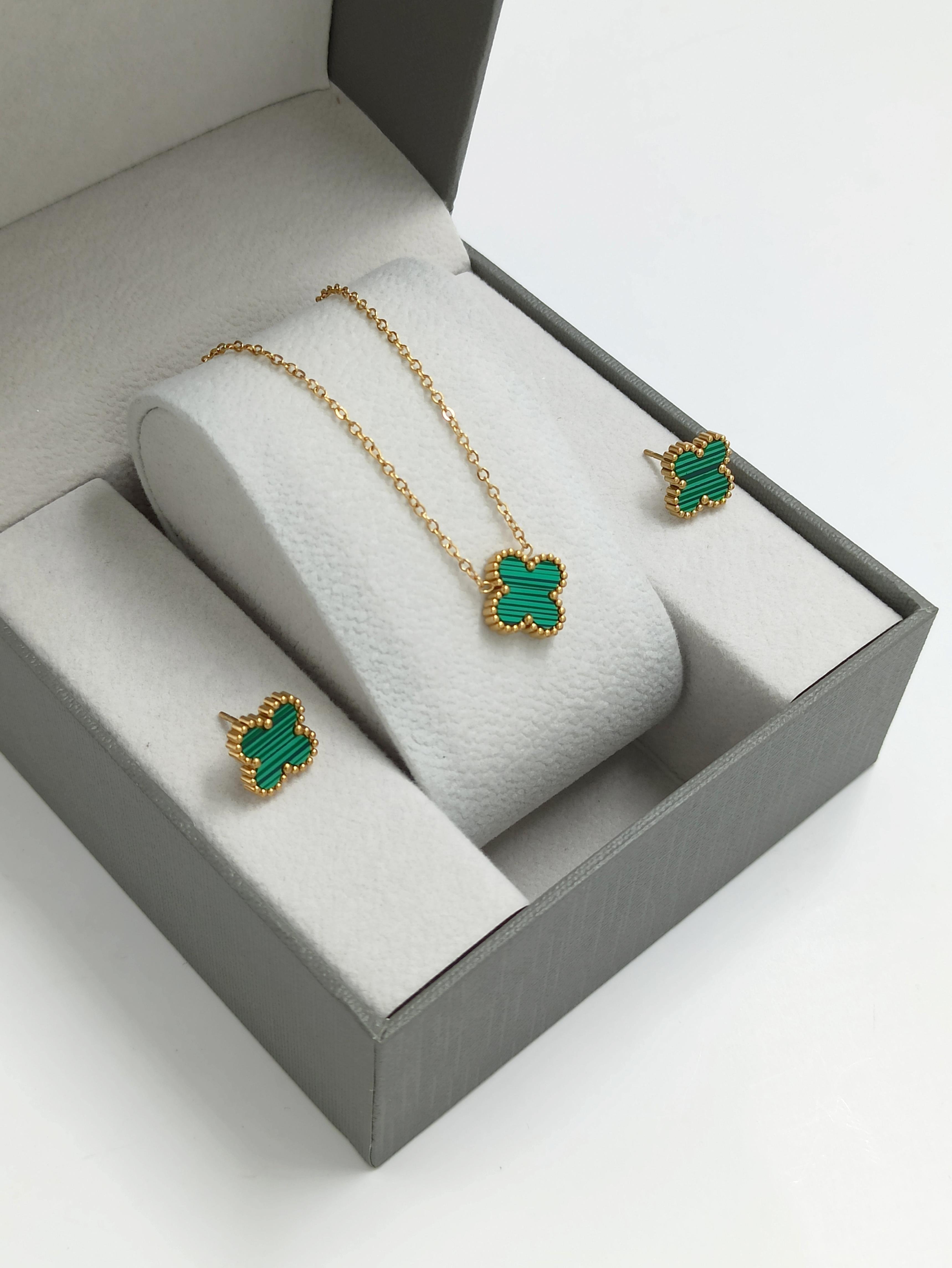2'li Çelik Çift Taraflı Sedefli Yonca Kolye Set Van Cleef Model Kolye Küpe Set 