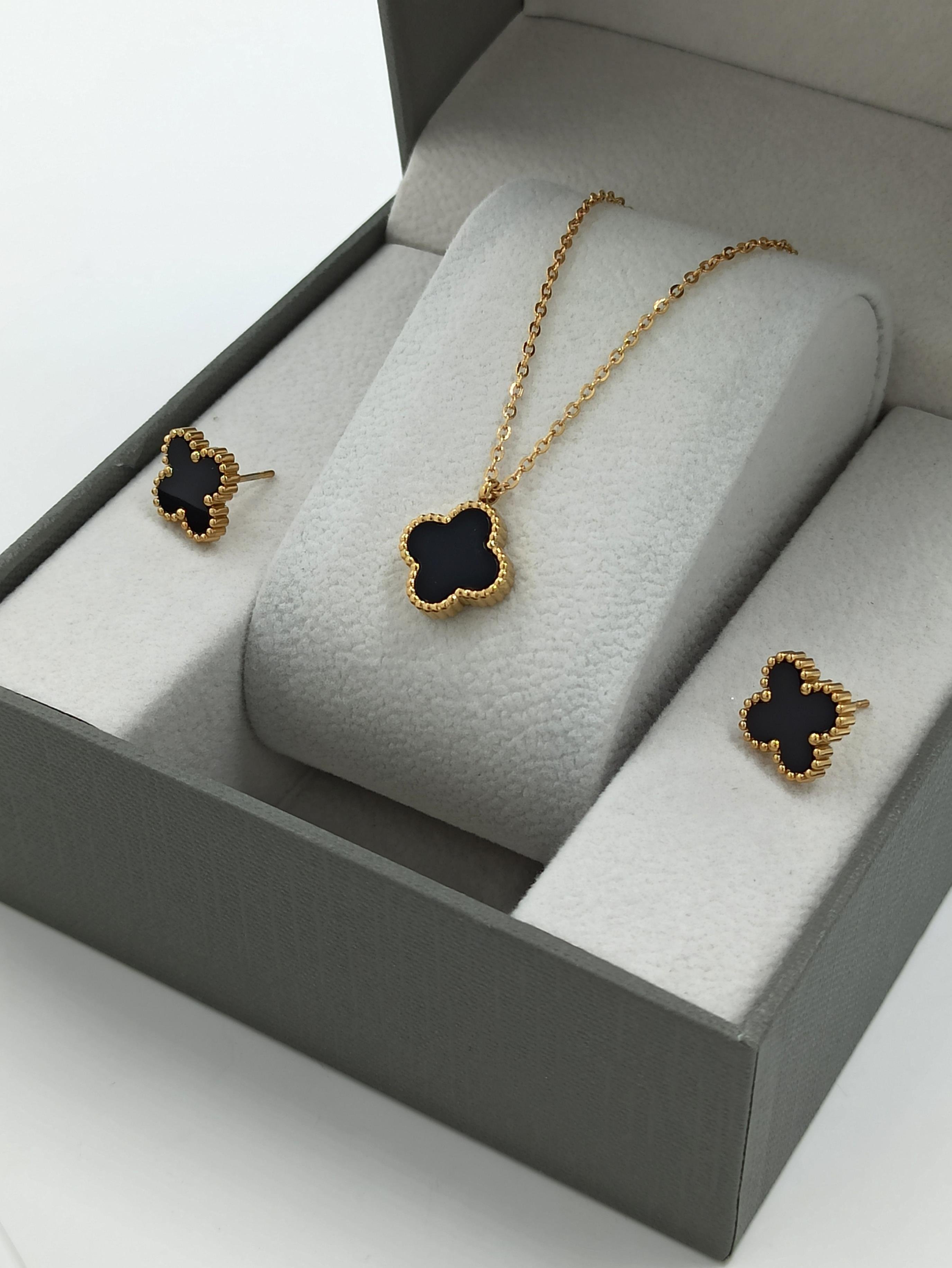 2'li Çelik Çift Taraflı Sedefli Yonca Kolye Set Van Cleef Model Kolye Küpe Set 