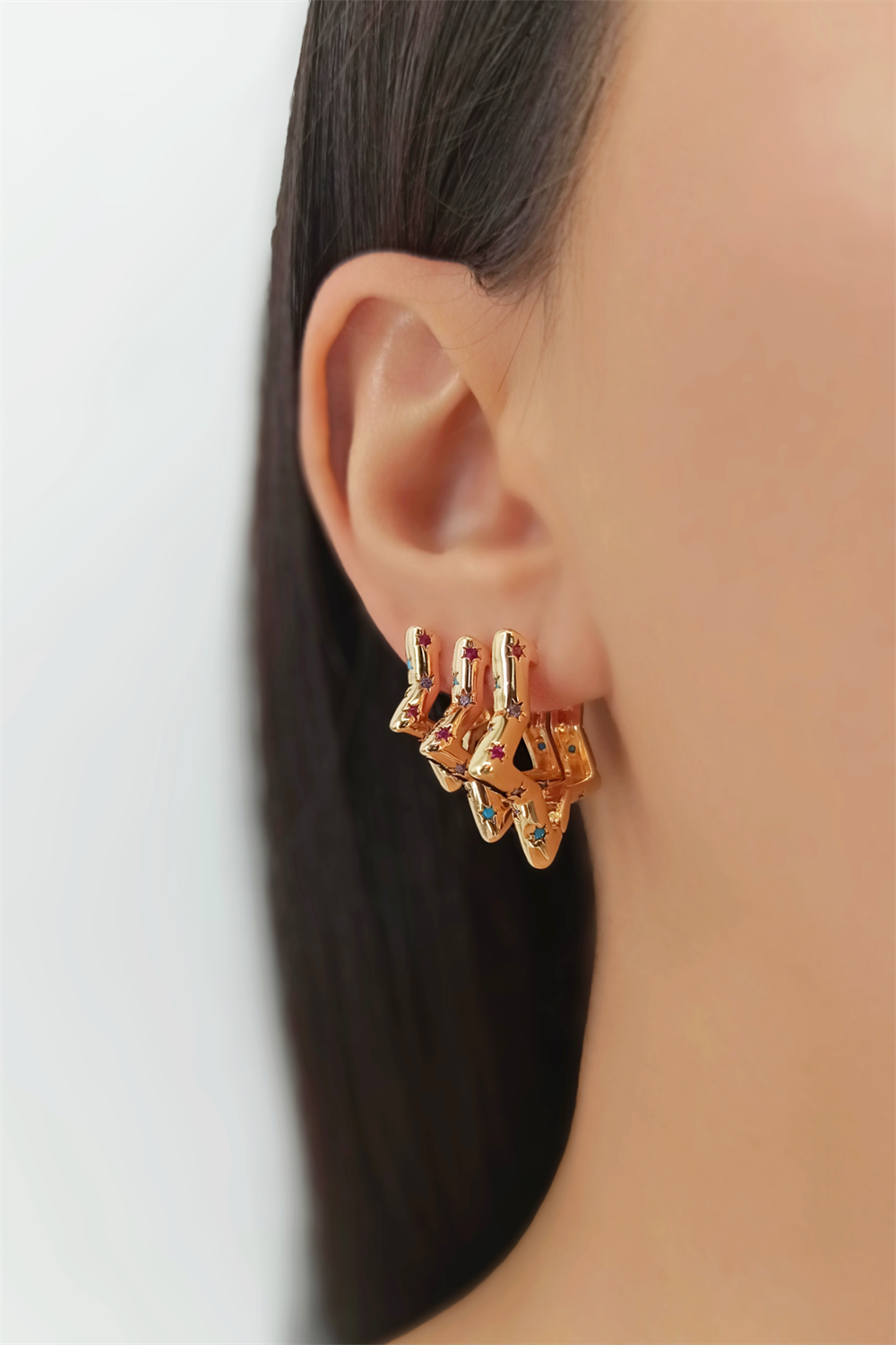 3 lü Renkli Taş Yıldız Küpe Kombin TrKüpe35071