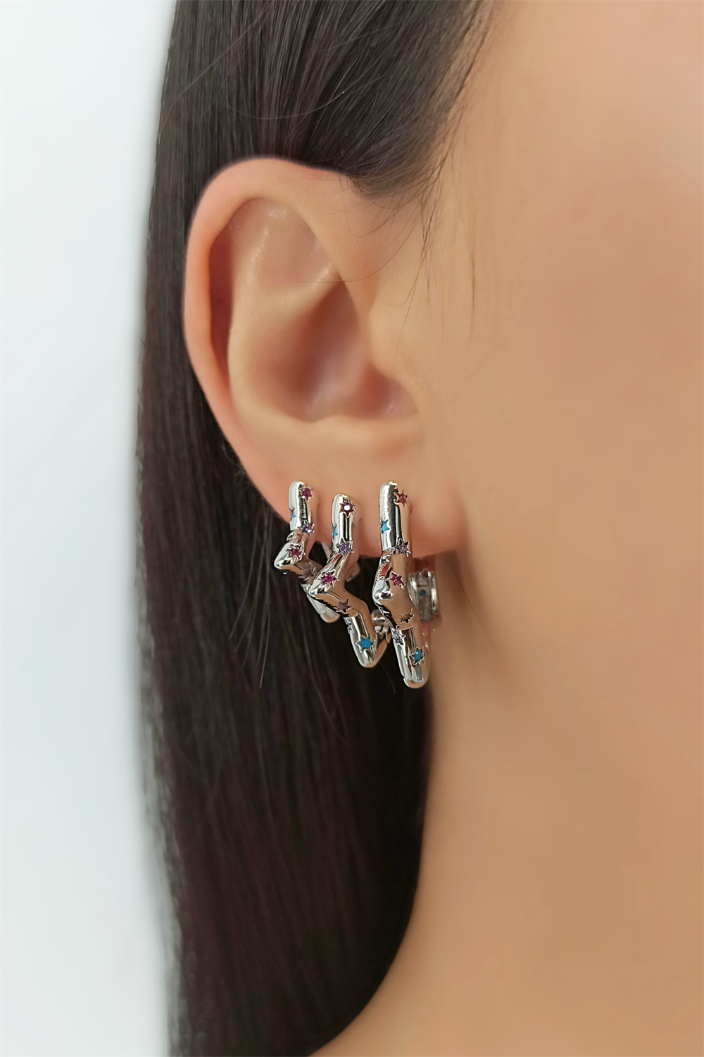 3 lü Renkli Taş Yıldız Küpe Kombin TrKüpe35071