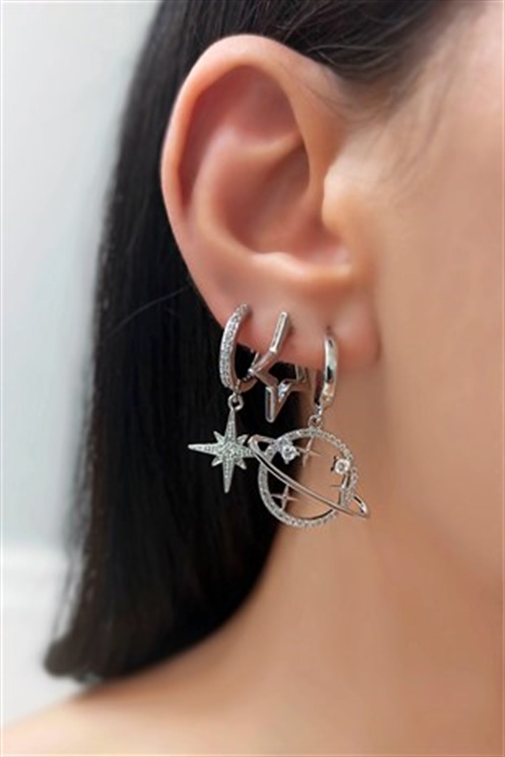 3 lü Zirkon Taşlı Satürn ve Kuzey Yıldızı Kombin Küpe TrKüpe3754 B36503