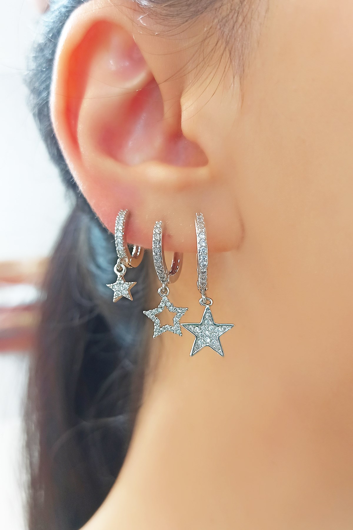 3 lü Zirkon Taşlı Yıldız Küpe B300