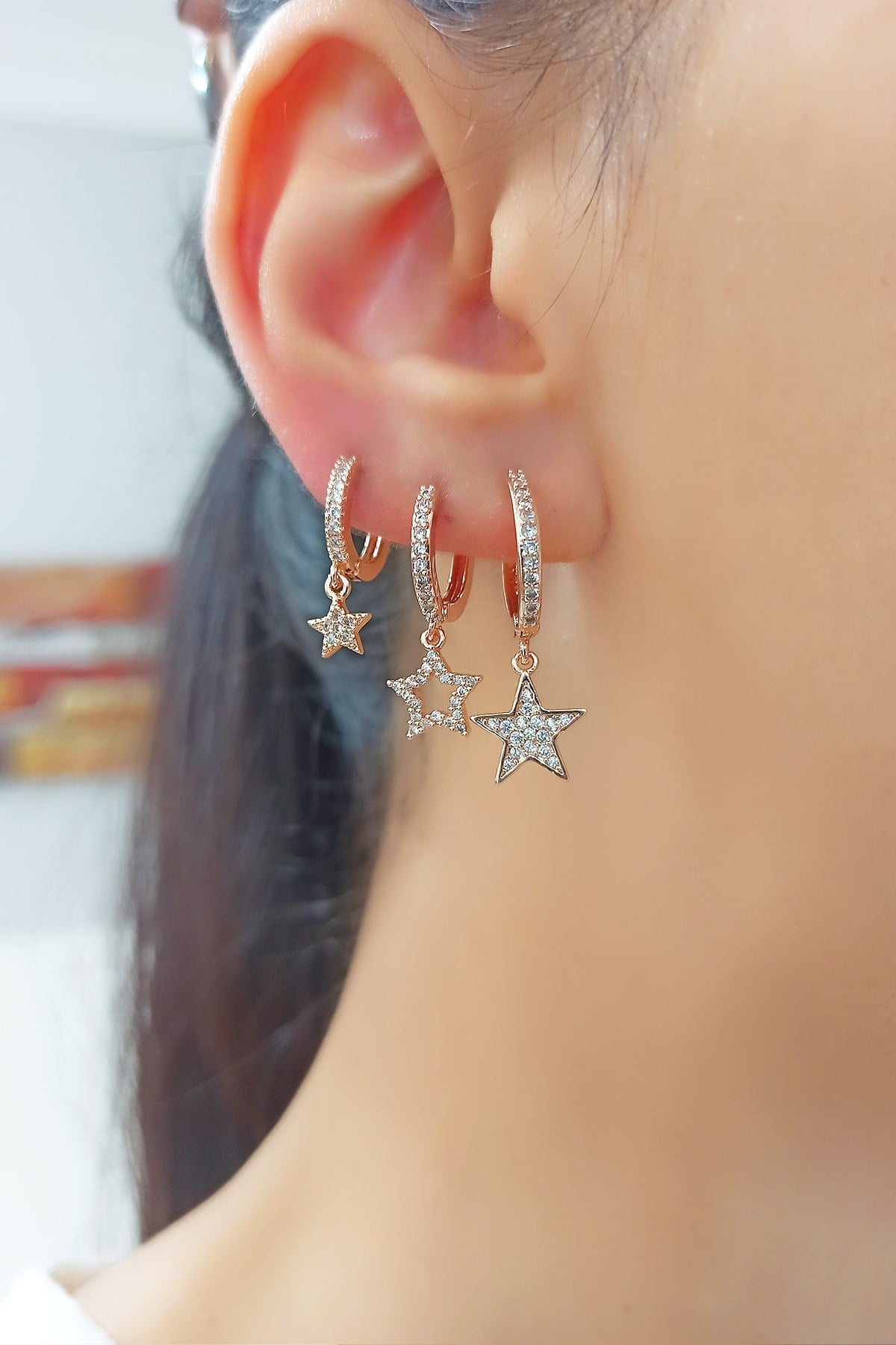 3 lü Zirkon Taşlı Yıldız Küpe B300
