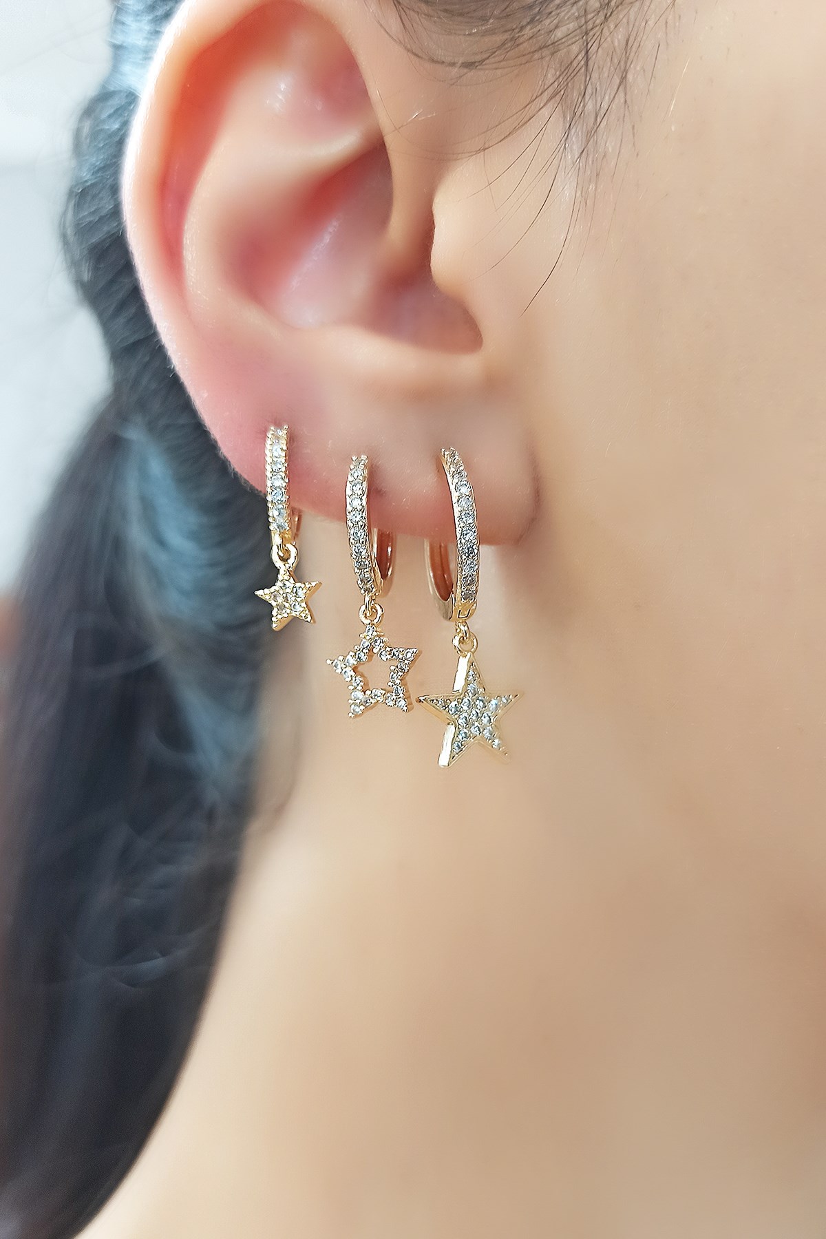 3 lü Zirkon Taşlı Yıldız Küpe B300