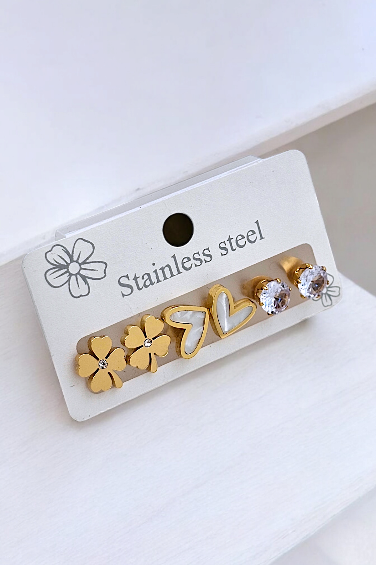 Çelik 6'lı Sedefli Kalp Küpe Kombin 35603