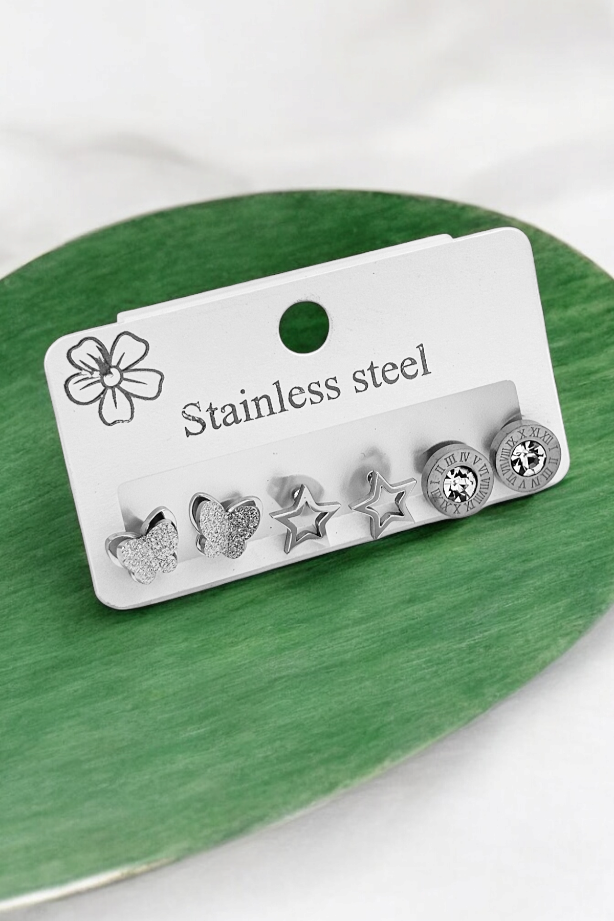 Çelik 6'lı Simli Yıldız Küpe Kombin 35602