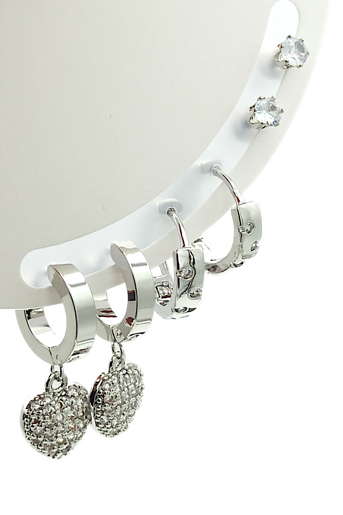 Çelik 6'lı Taşlı Kalp Halka Küpe Kombin