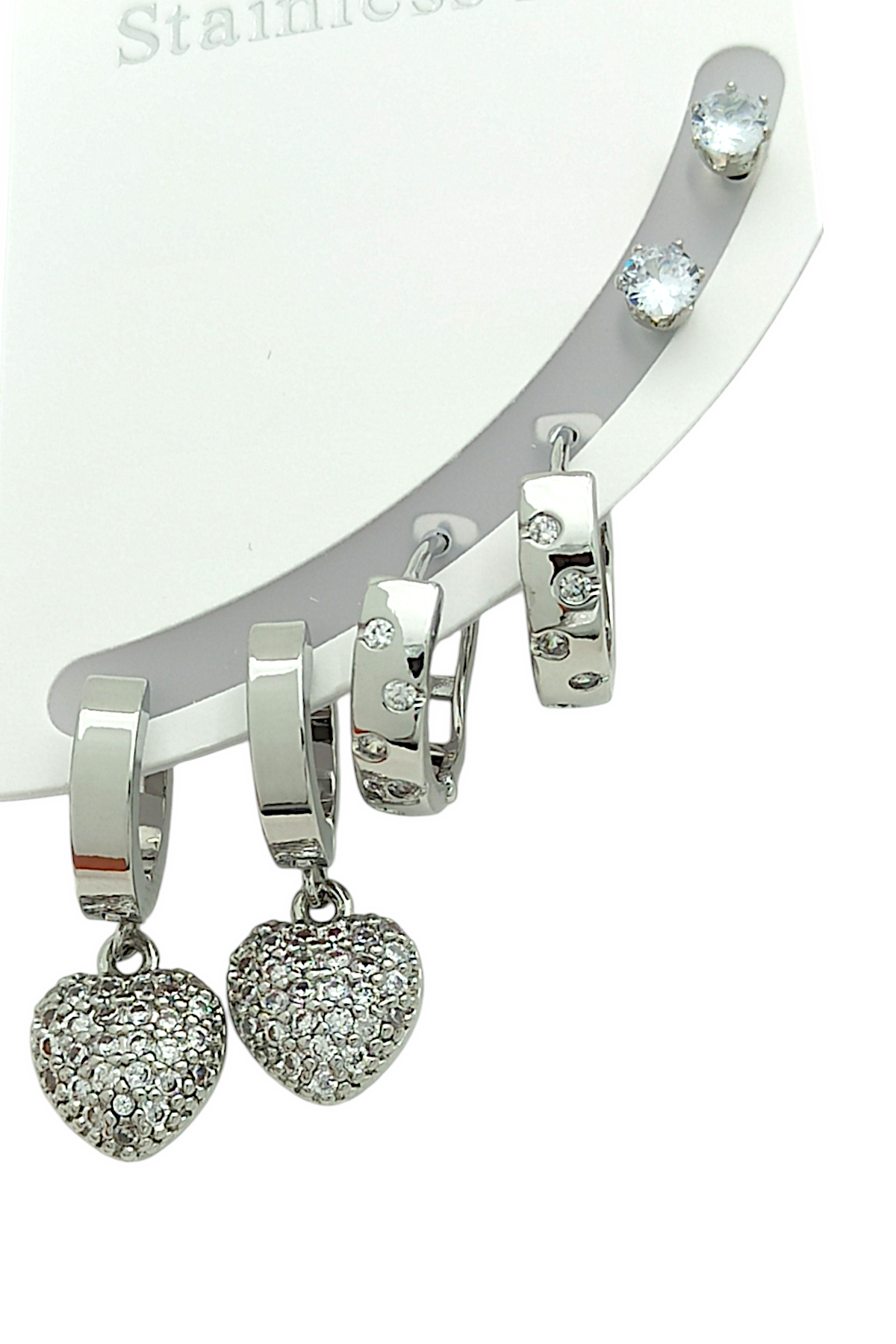 Çelik 6'lı Taşlı Kalp Halka Küpe Kombin