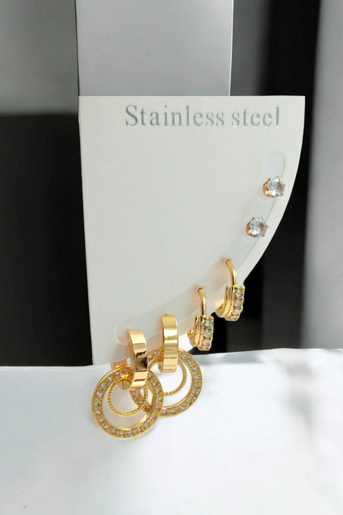 Çelik 6'lı Zirkon Taş Biyeli Halka Küpe Kombin 35655