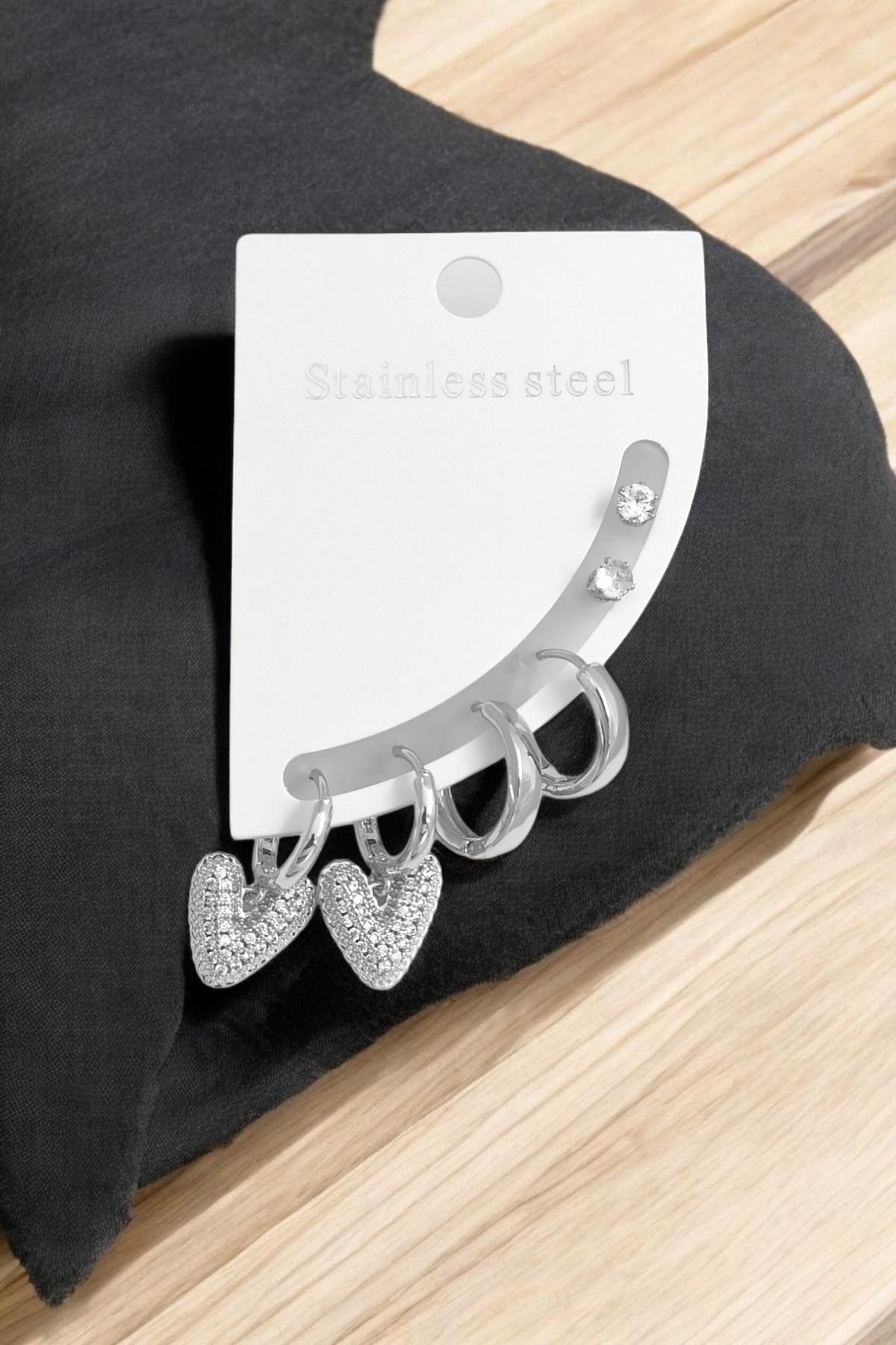 Çelik 6'lı Zirkon Taş Kalp Halka Küpe Kombin 35653 