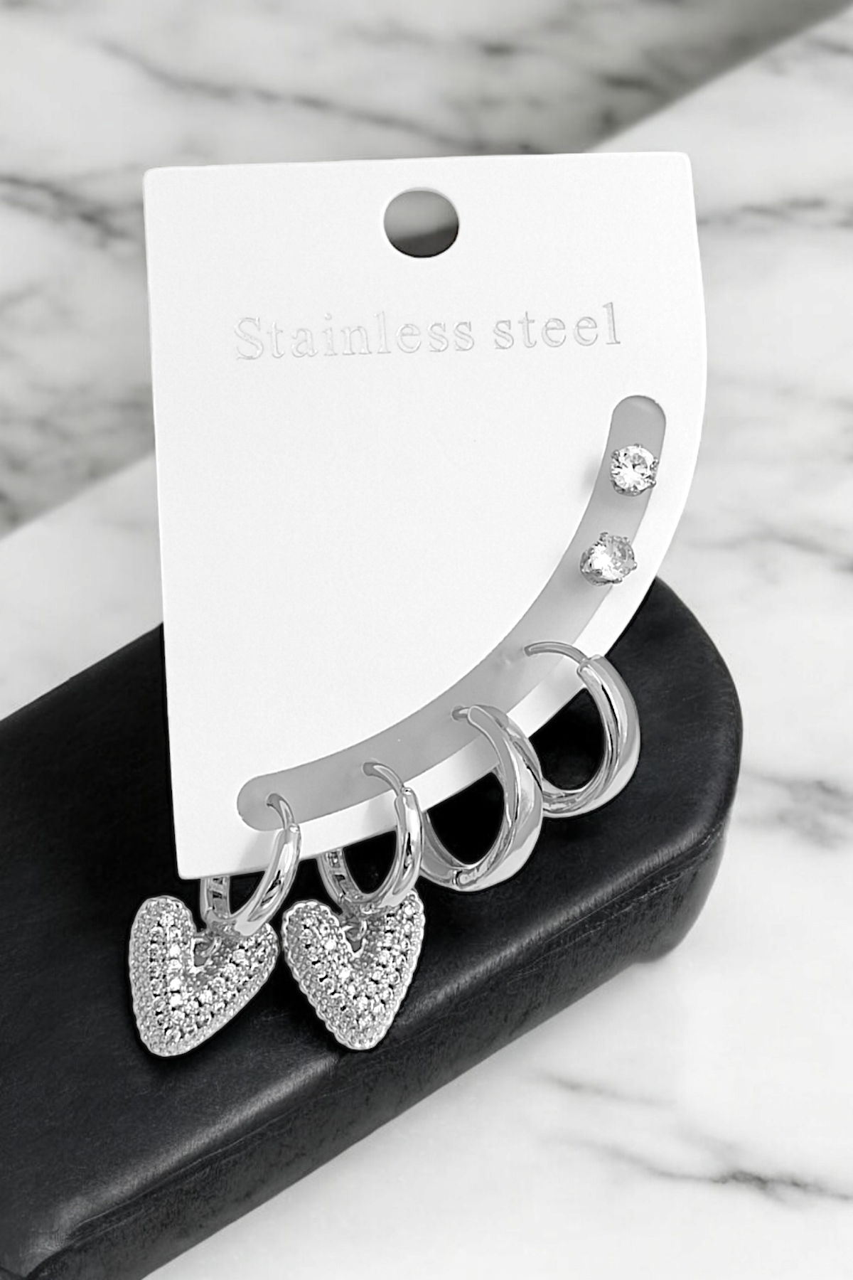 Çelik 6'lı Zirkon Taş Kalp Halka Küpe Kombin 35653 