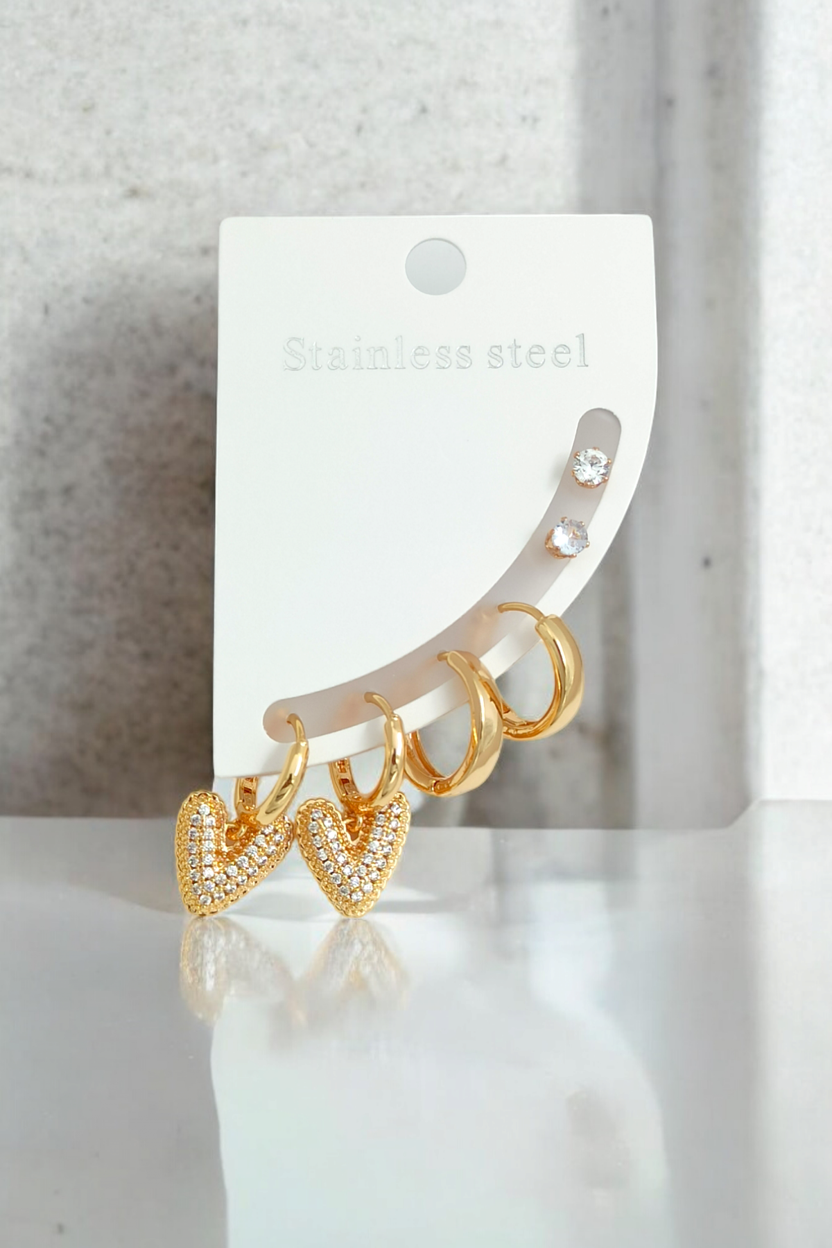 Çelik 6'lı Zirkon Taş Kalp Halka Küpe Kombin 35653 