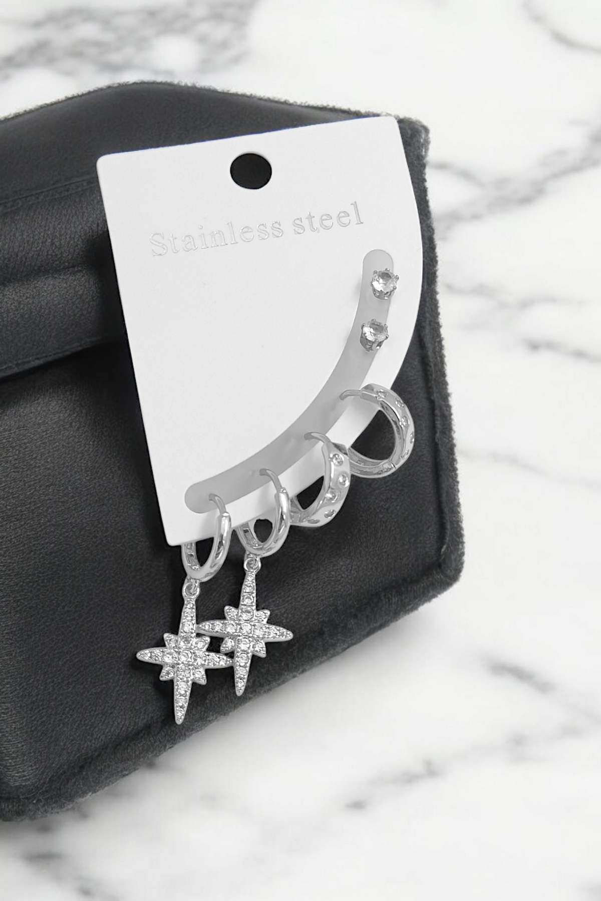 Çelik 6'lı Zirkon Taş Kuzey Yıldız Küpe Kombin 35655