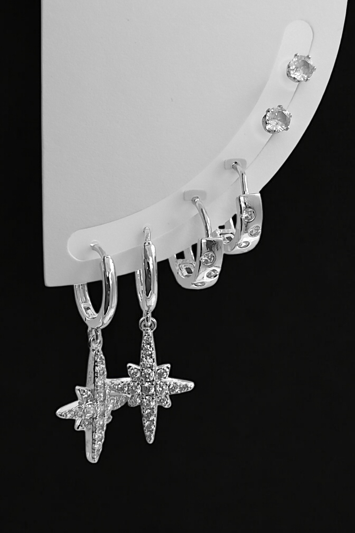 Çelik 6'lı Zirkon Taş Kuzey Yıldız Küpe Kombin 35655