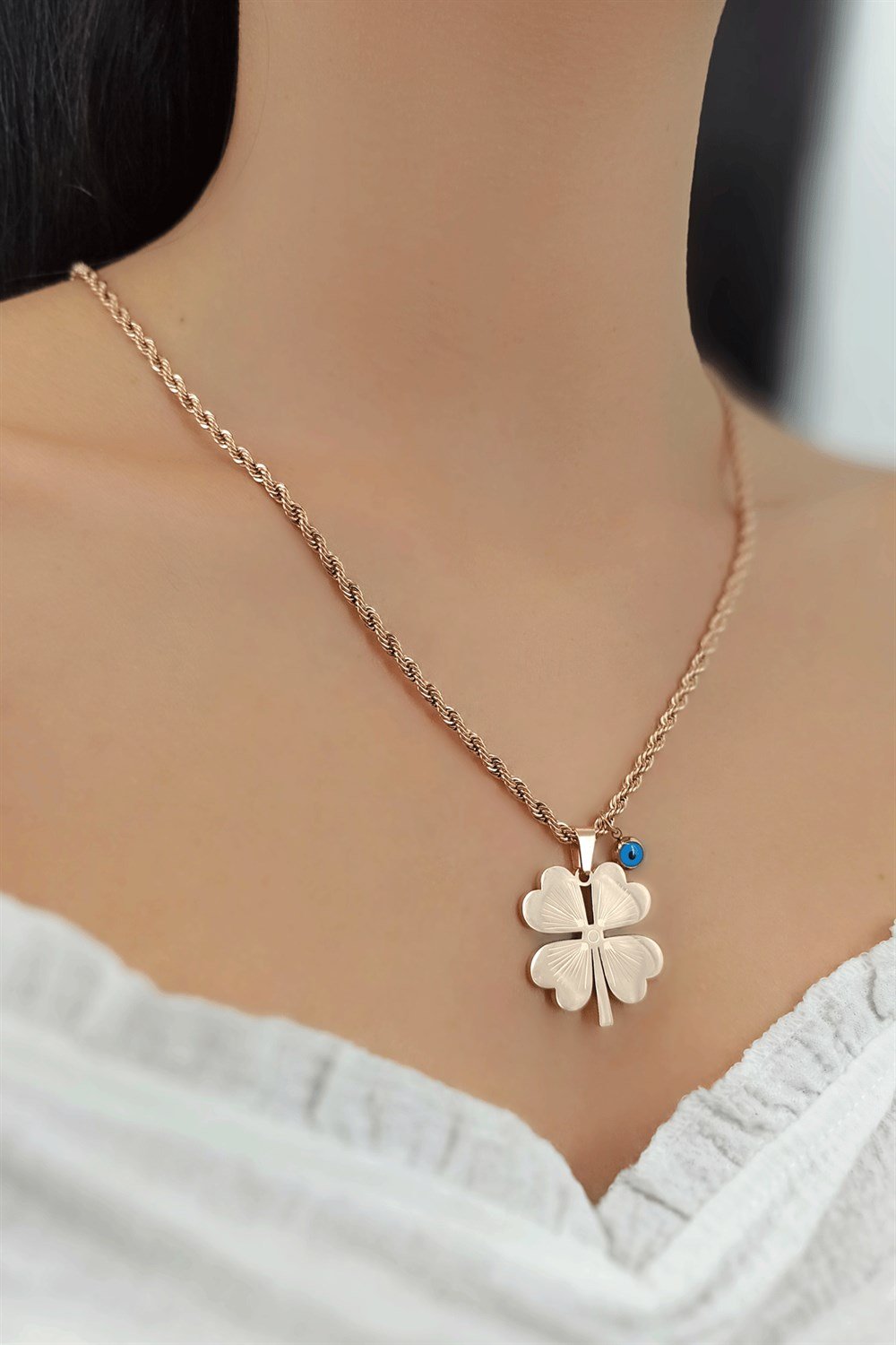 Çelik Burgu Zincir Yonca Kolye TrKolye50096