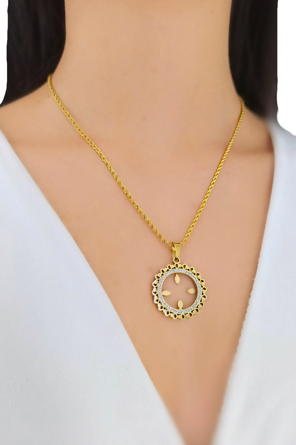 Çelik Çeyrek Uyumlu Taşlı Çerçeve Kolye