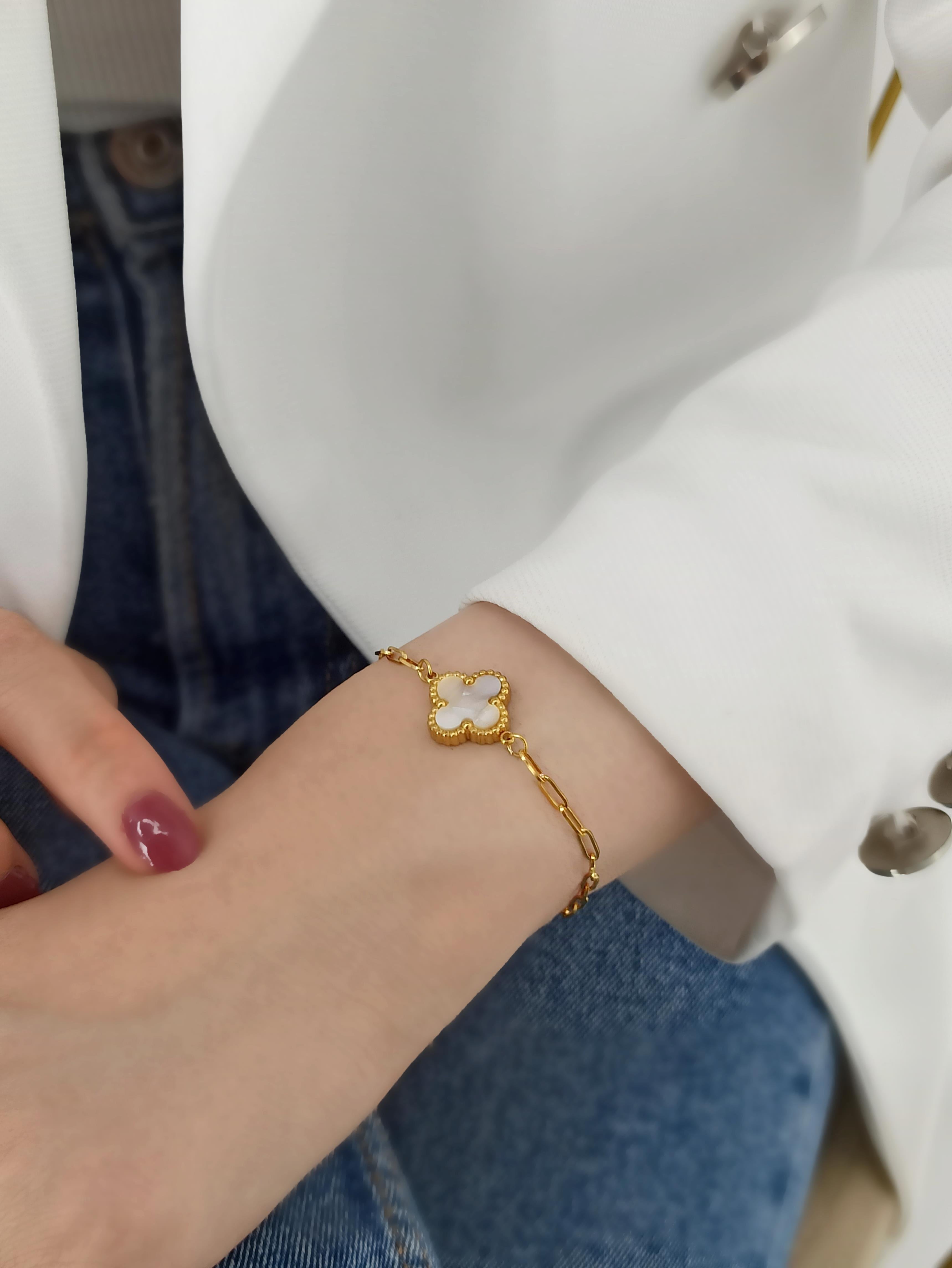 Çelik Çift Taraflı Yonca Bileklik Van Cleef Model Geçmeli Zincir Bileklik