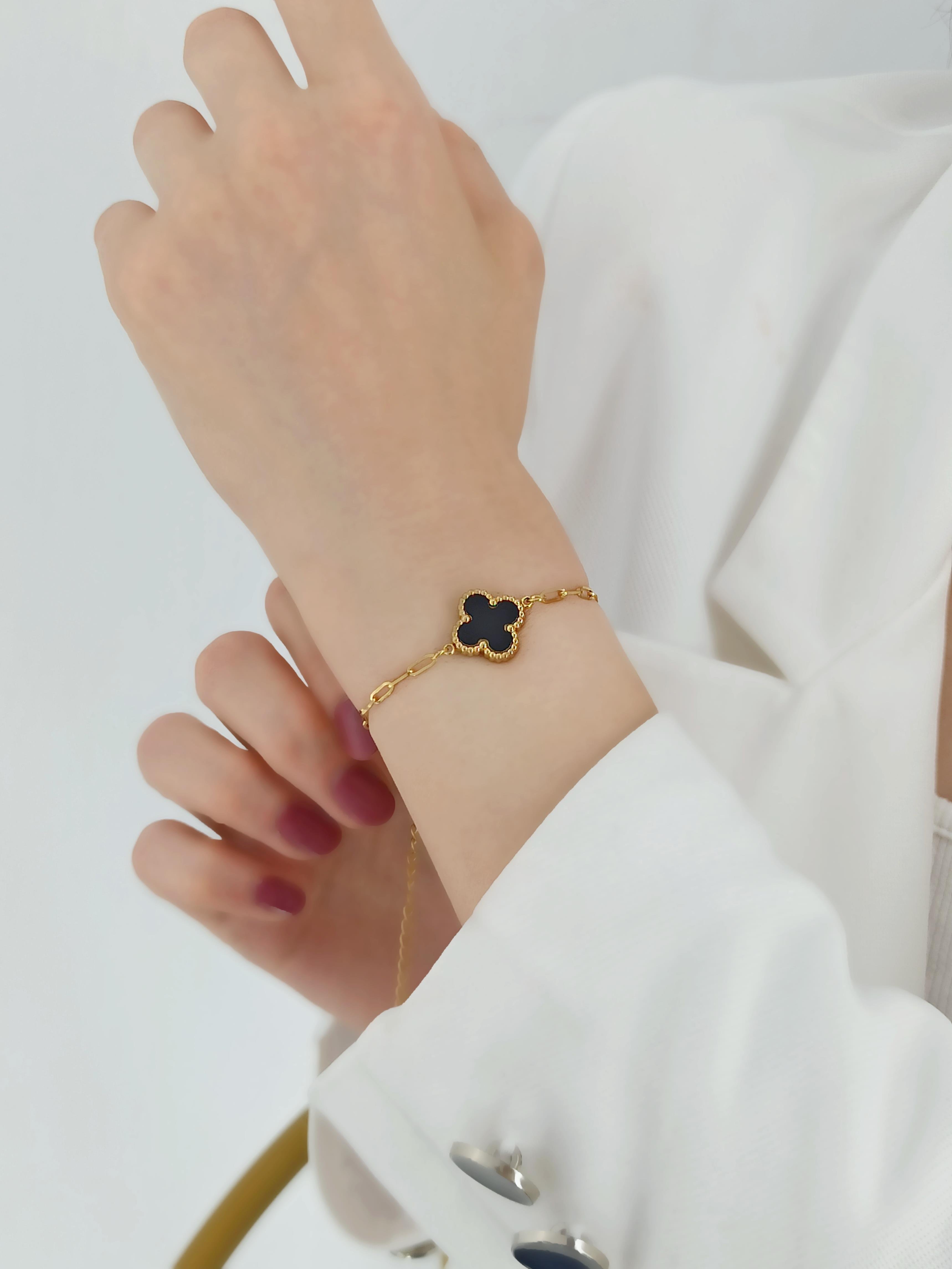 Çelik Çift Taraflı Yonca Bileklik Van Cleef Model Geçmeli Zincir Bileklik