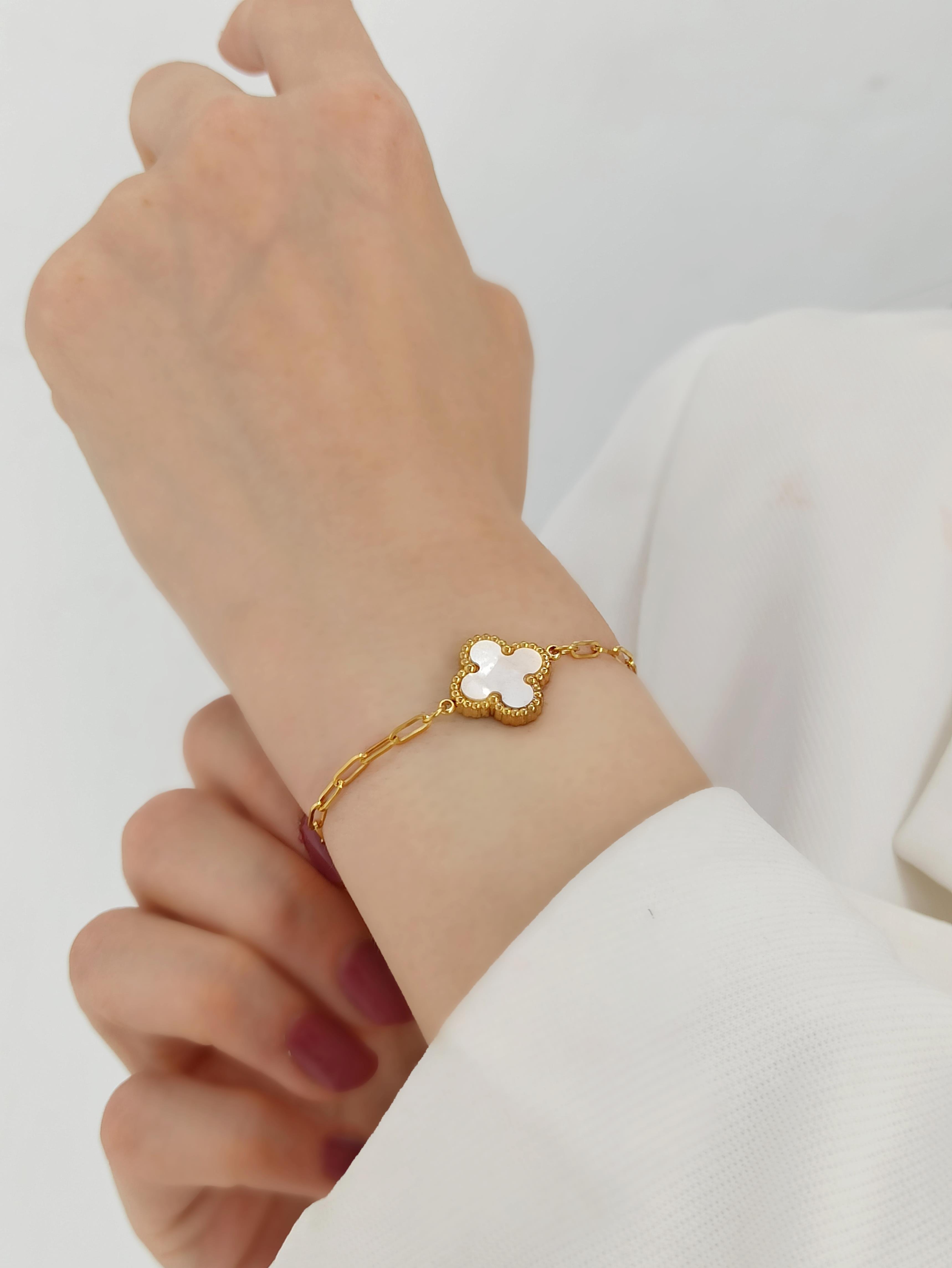 Çelik Çift Taraflı Yonca Bileklik Van Cleef Model Geçmeli Zincir Bileklik