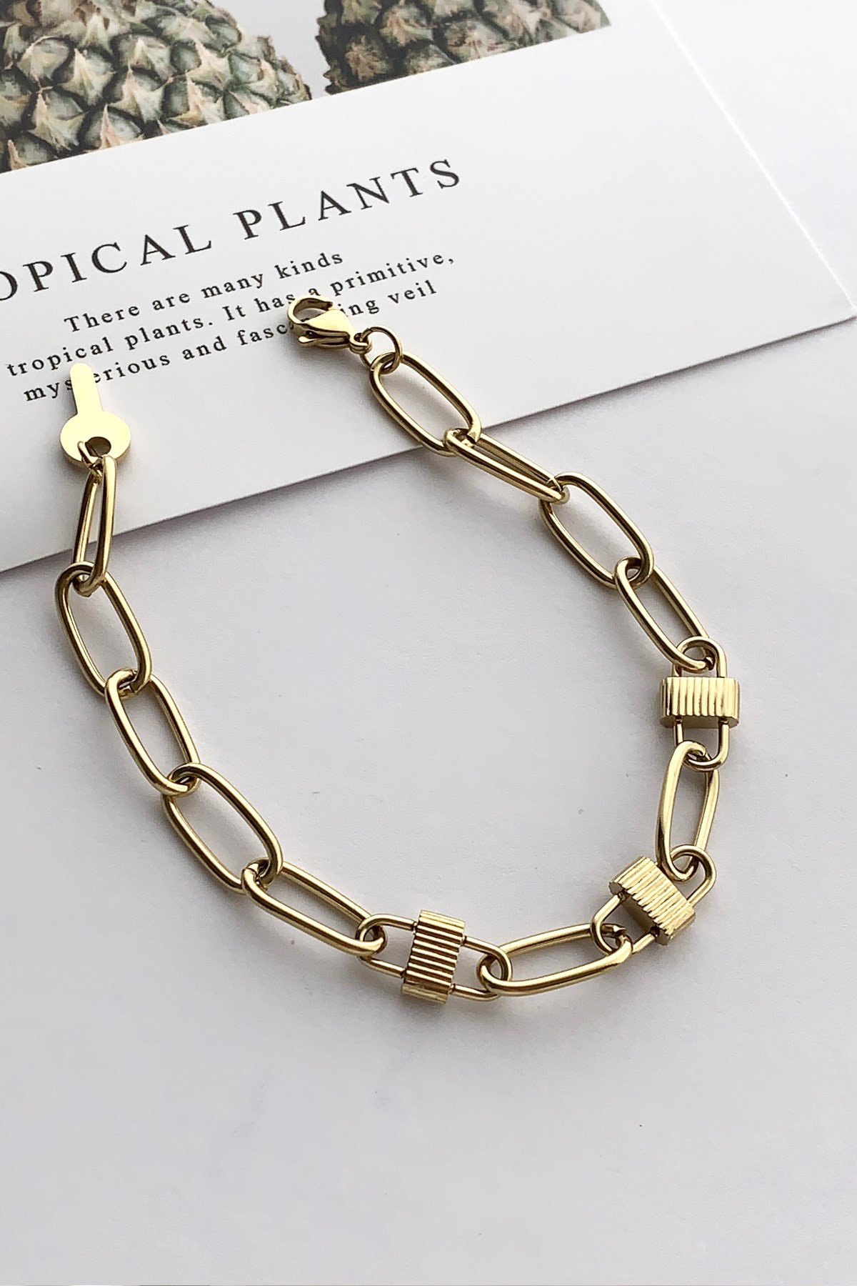 Çelik Gold Geçmeli Zincir Anahtar Kilit Figür Çelik Bileklik TrBilek7553 B35003