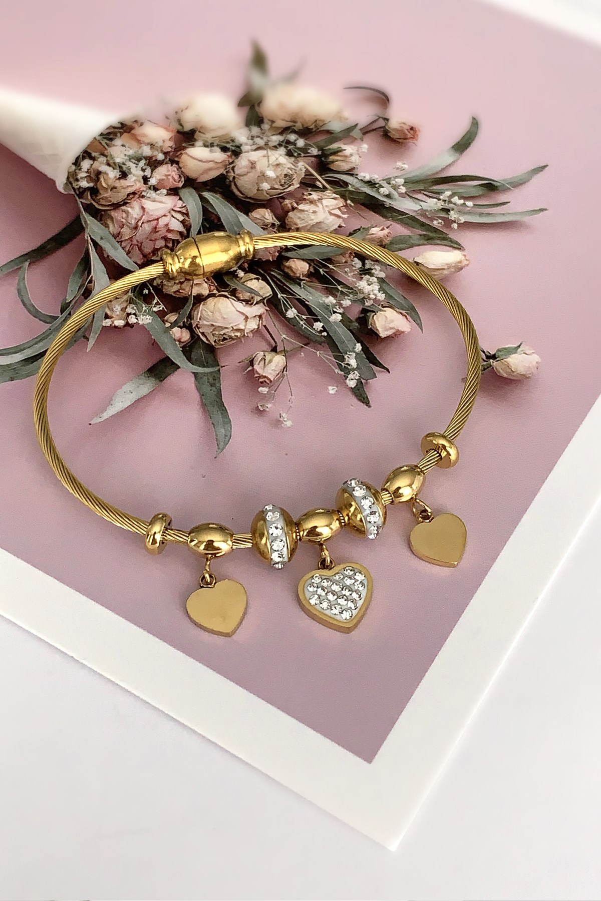 Çelik Gold Kalp Figür Mıknatıs Bileklik TrBilek7555 B36503