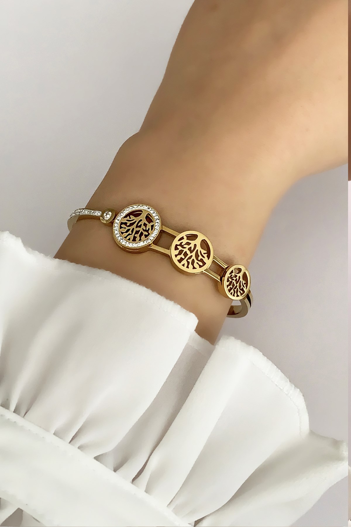 Çelik Gold Kelepçe Bileklik Hayat Ağacı Figür Çelik Bileklik TrBilek7559 B36503