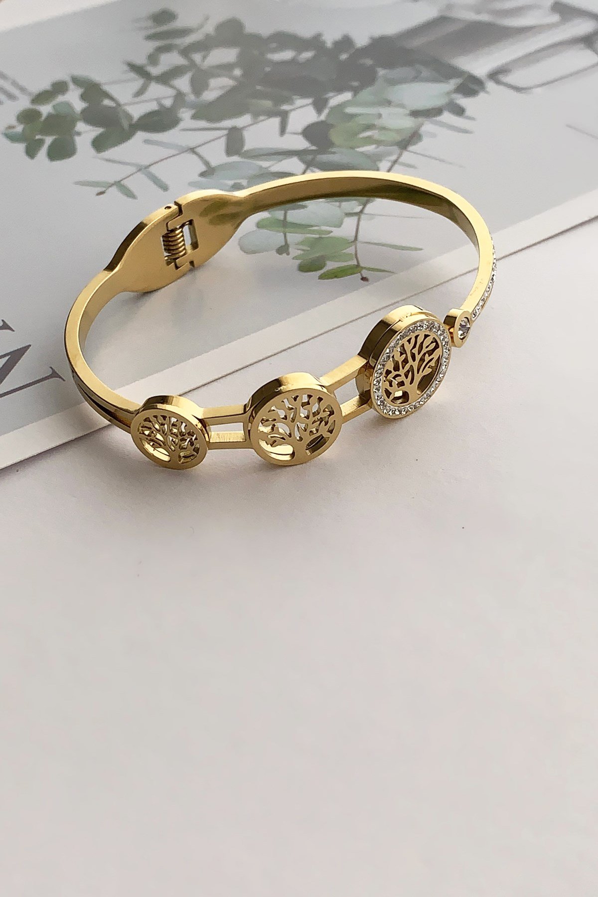 Çelik Gold Kelepçe Bileklik Hayat Ağacı Figür Çelik Bileklik TrBilek7559 B36503