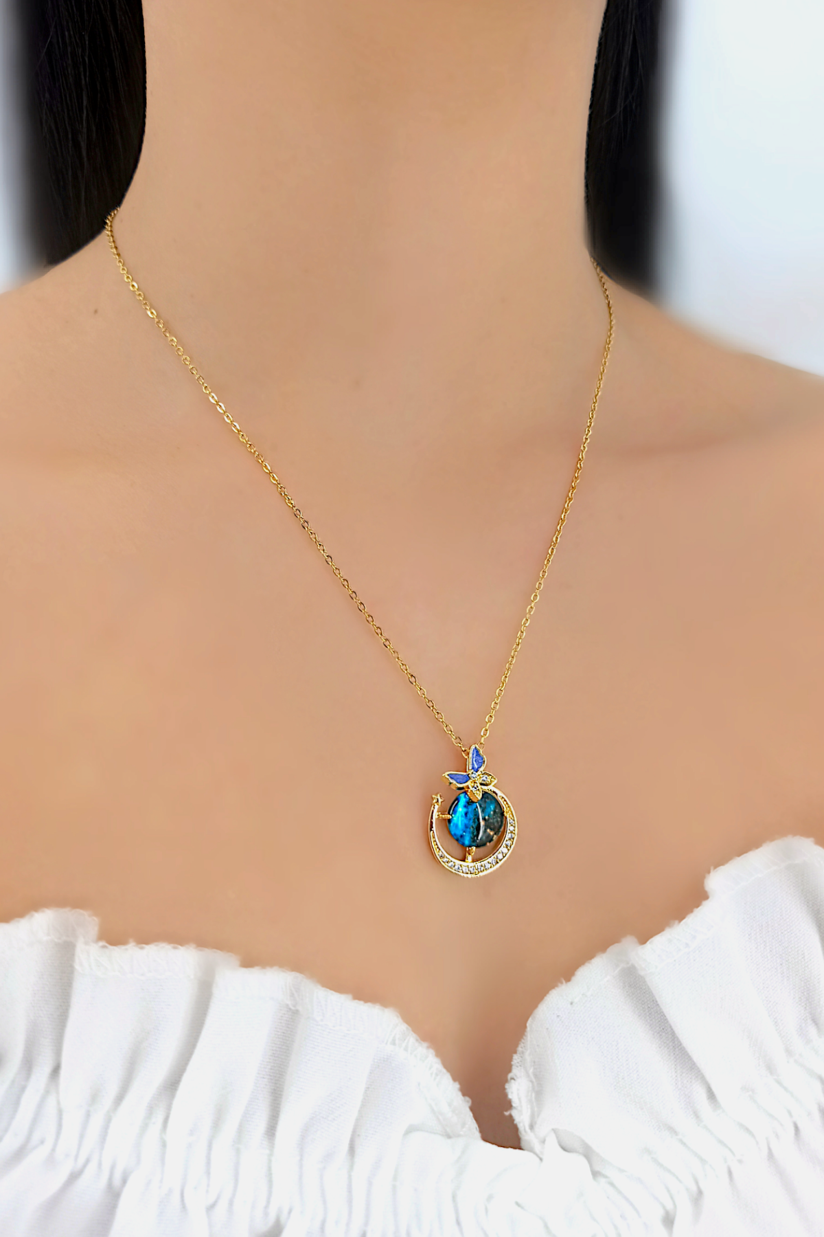 Çelik Kelebekli Gökyüzü Kolye