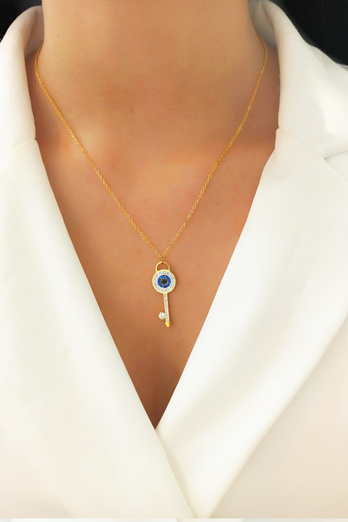 Çelik Nazar Boncuklu Taşlı Anahtar Kolye B350