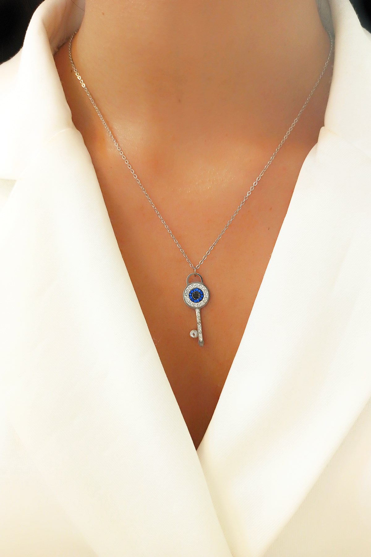 Çelik Nazar Boncuklu Taşlı Anahtar Kolye B350