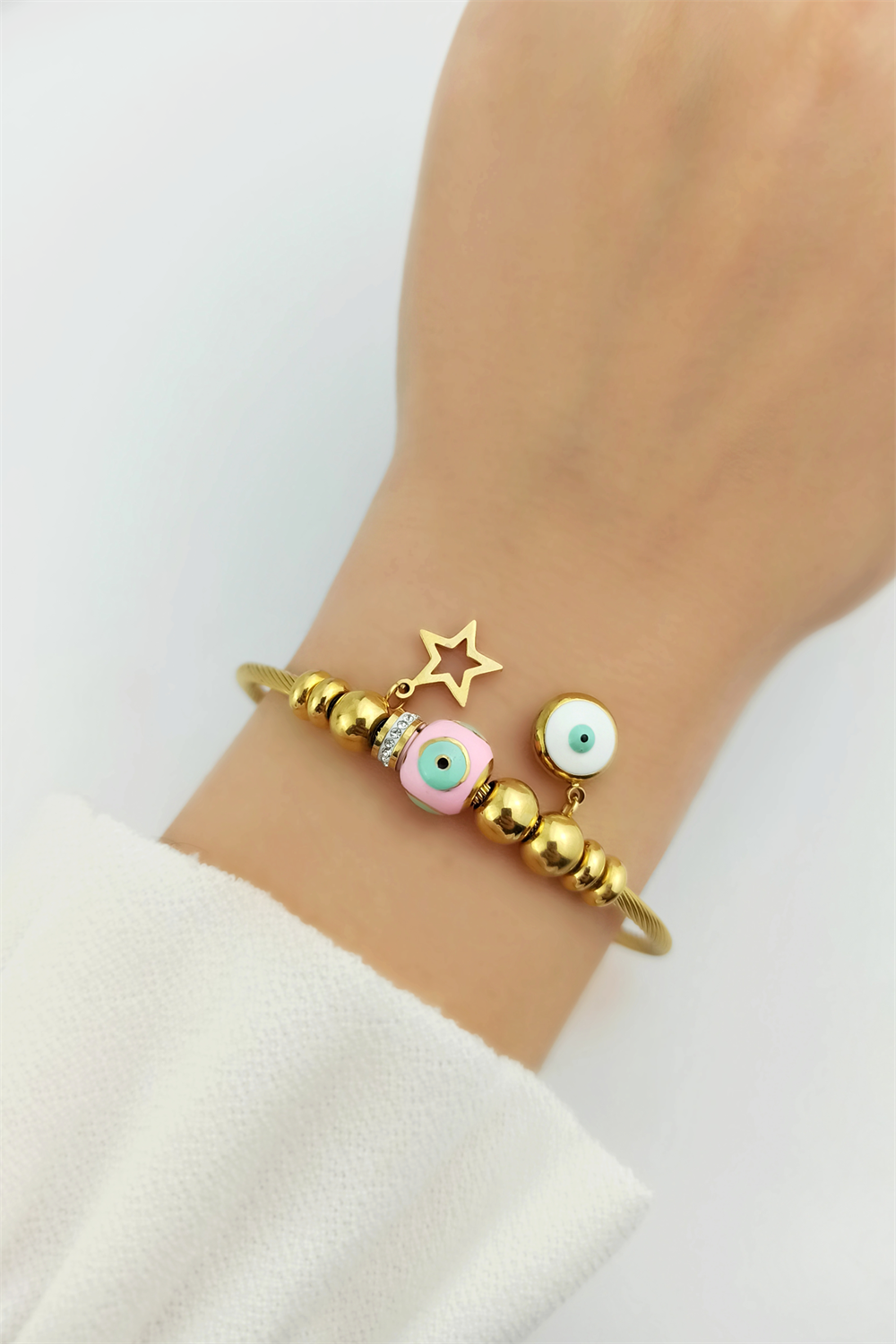 Çelik Renkli Nazar Boncuk Mıknatıslı Kelepçe Bileklik TrBilek70255