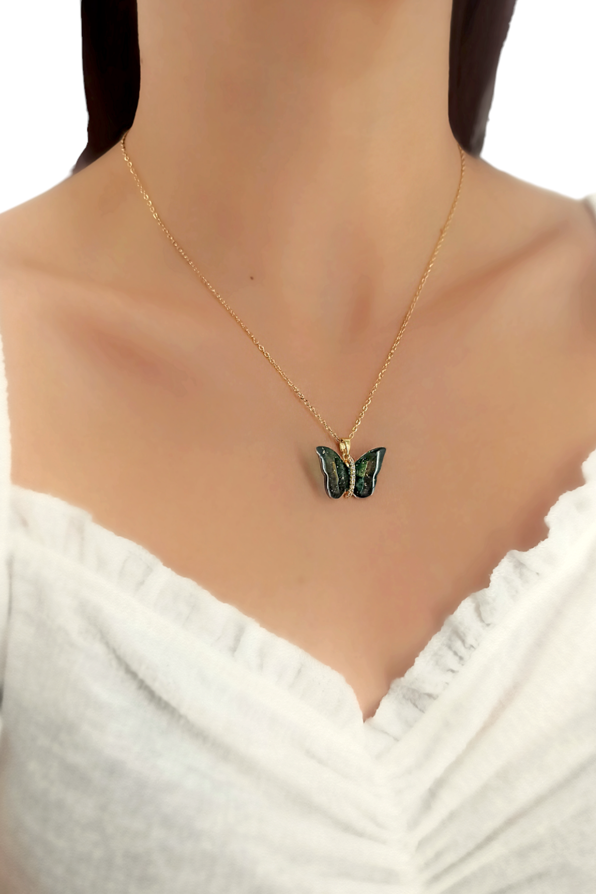 Çelik Renkli Simli Kelebek Kolye