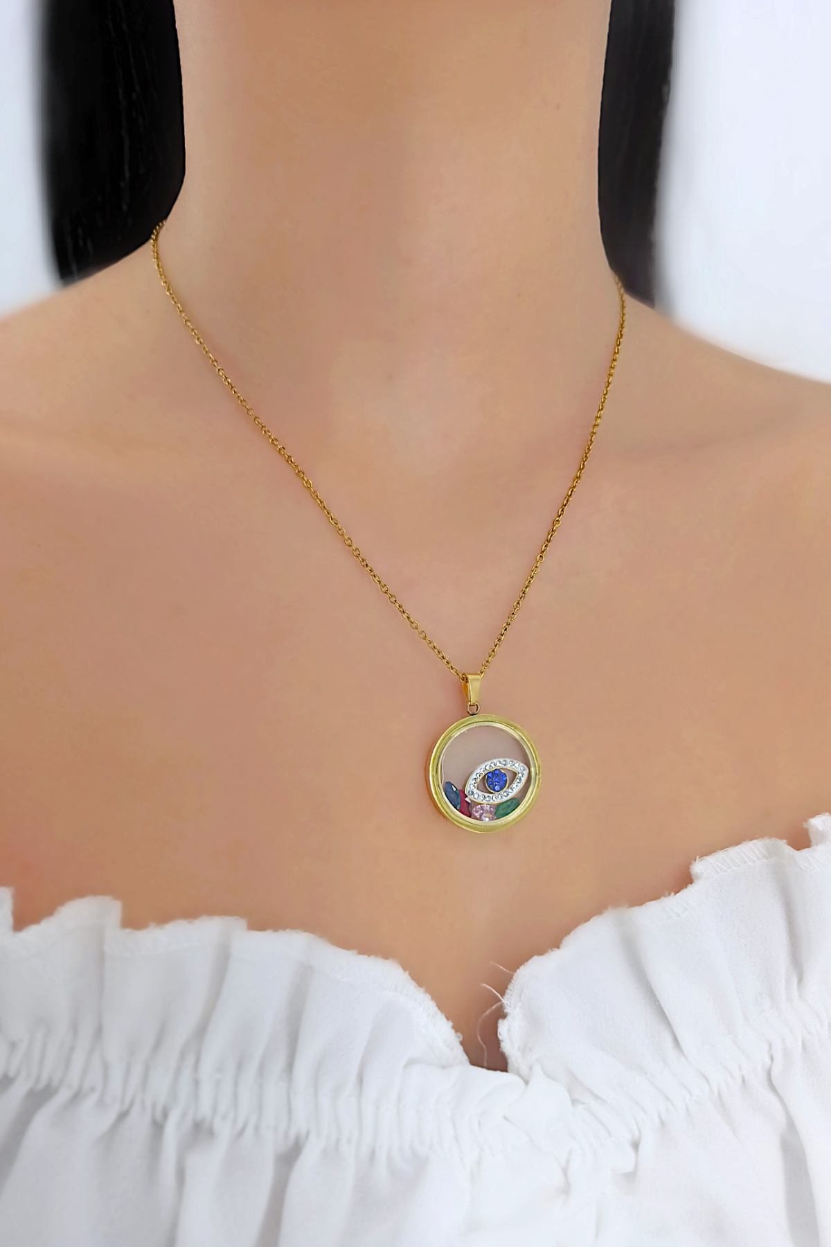 Çelik Taşlı Göz Çerçeve Kolye