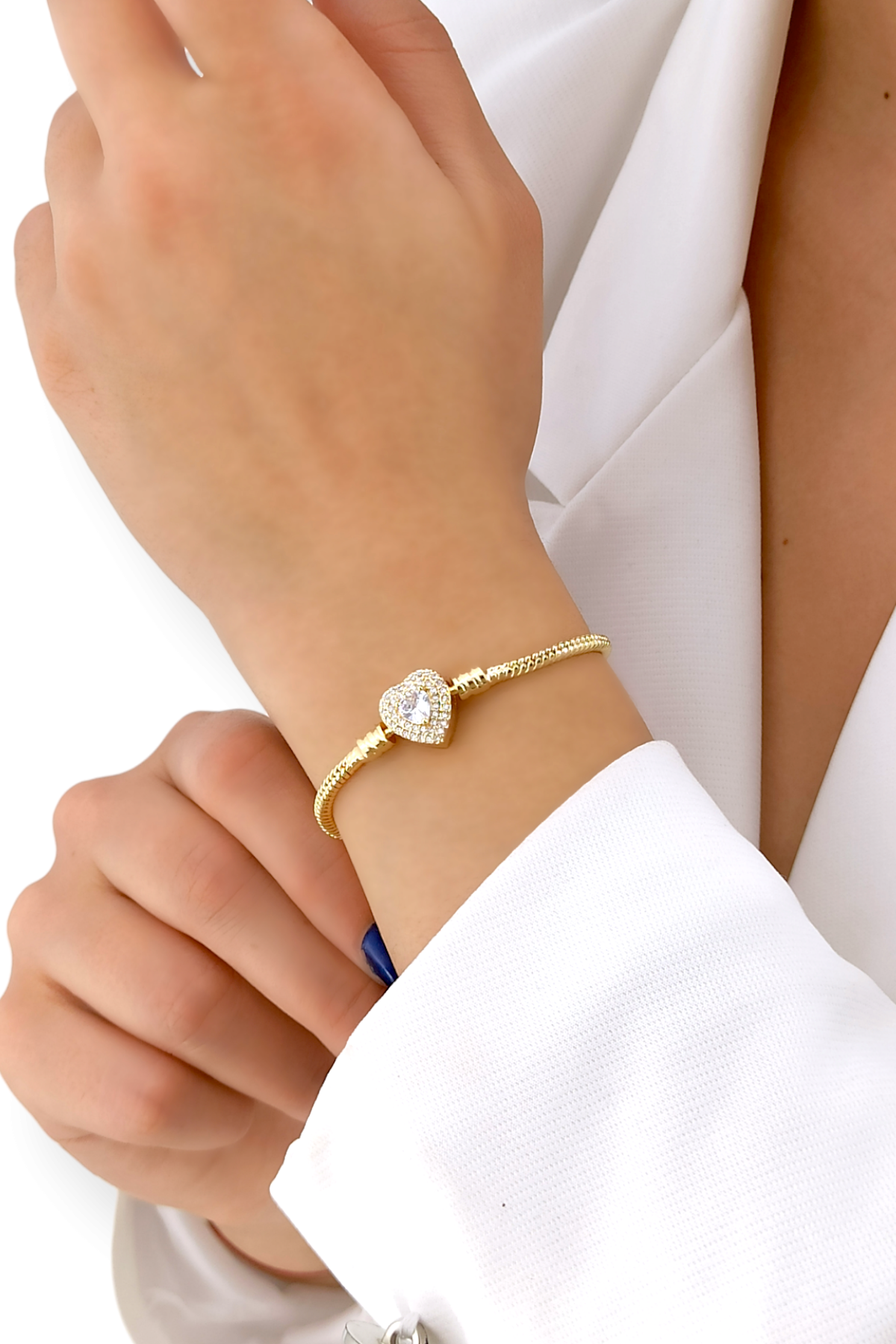 Çelik Taşlı Kalp Kelepçe Bileklik 