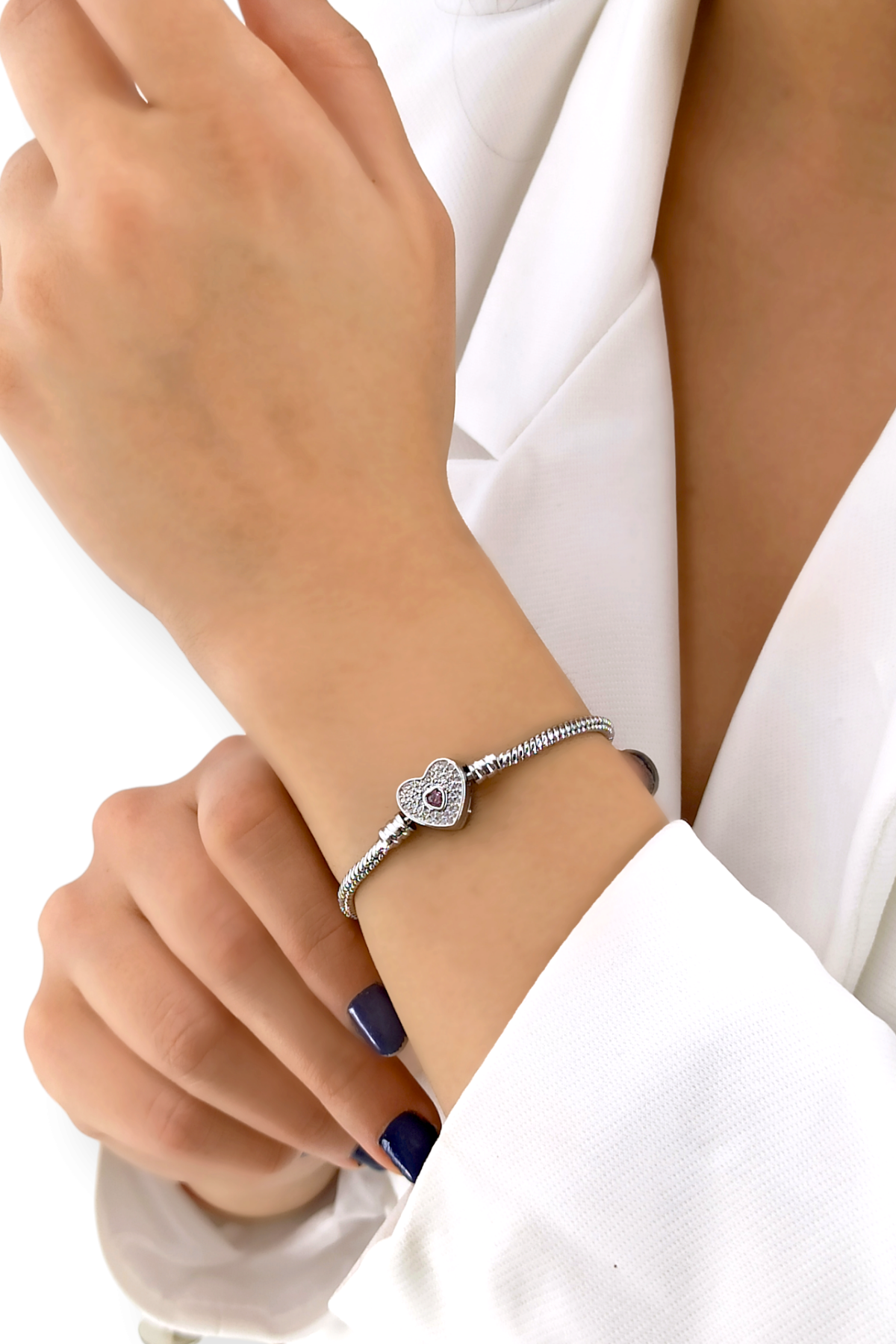 Çelik Taşlı Kalp Kelepçe Bileklik 