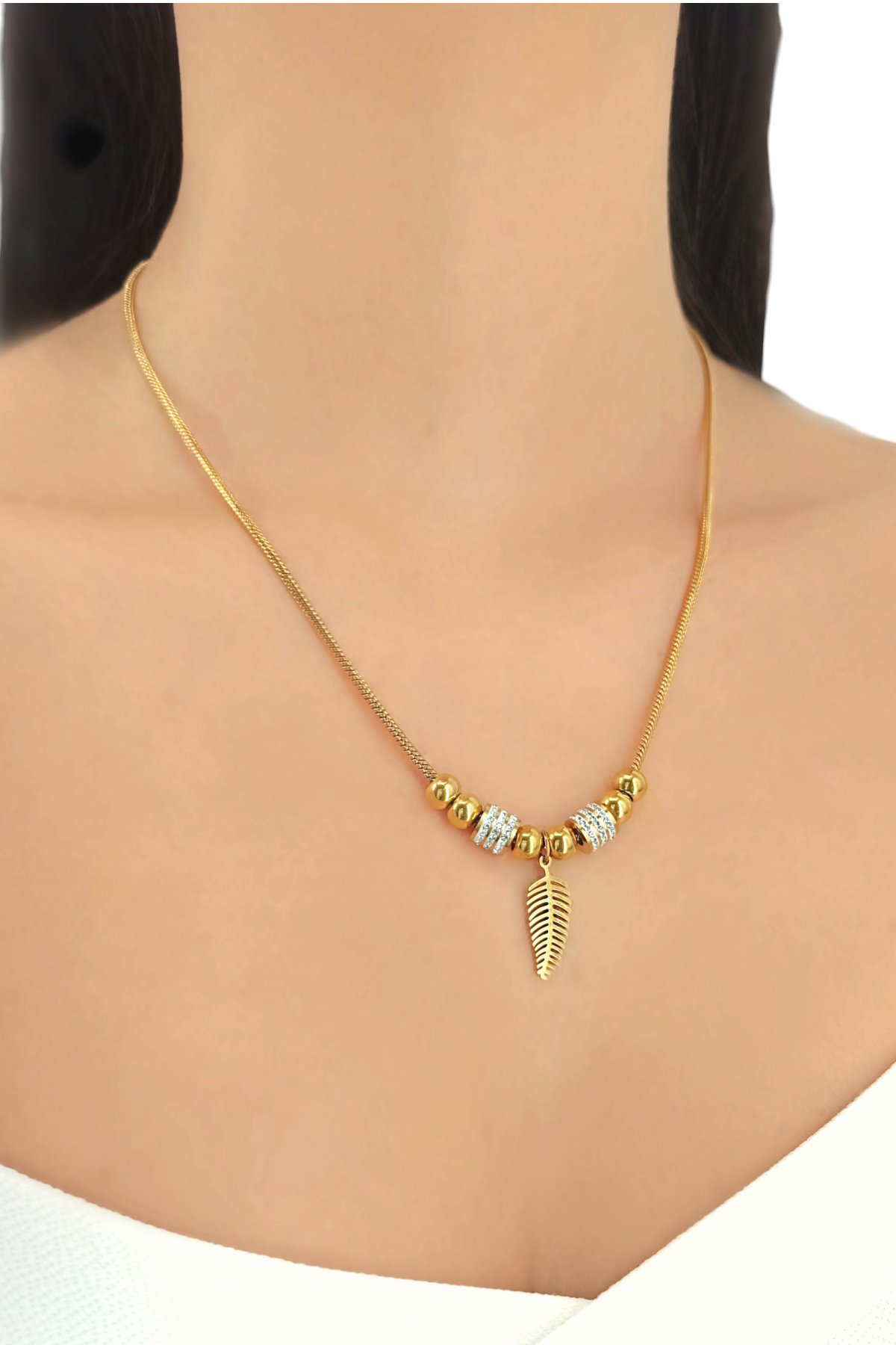 Çelik Taşlı Yaprak Topcuk Kolye