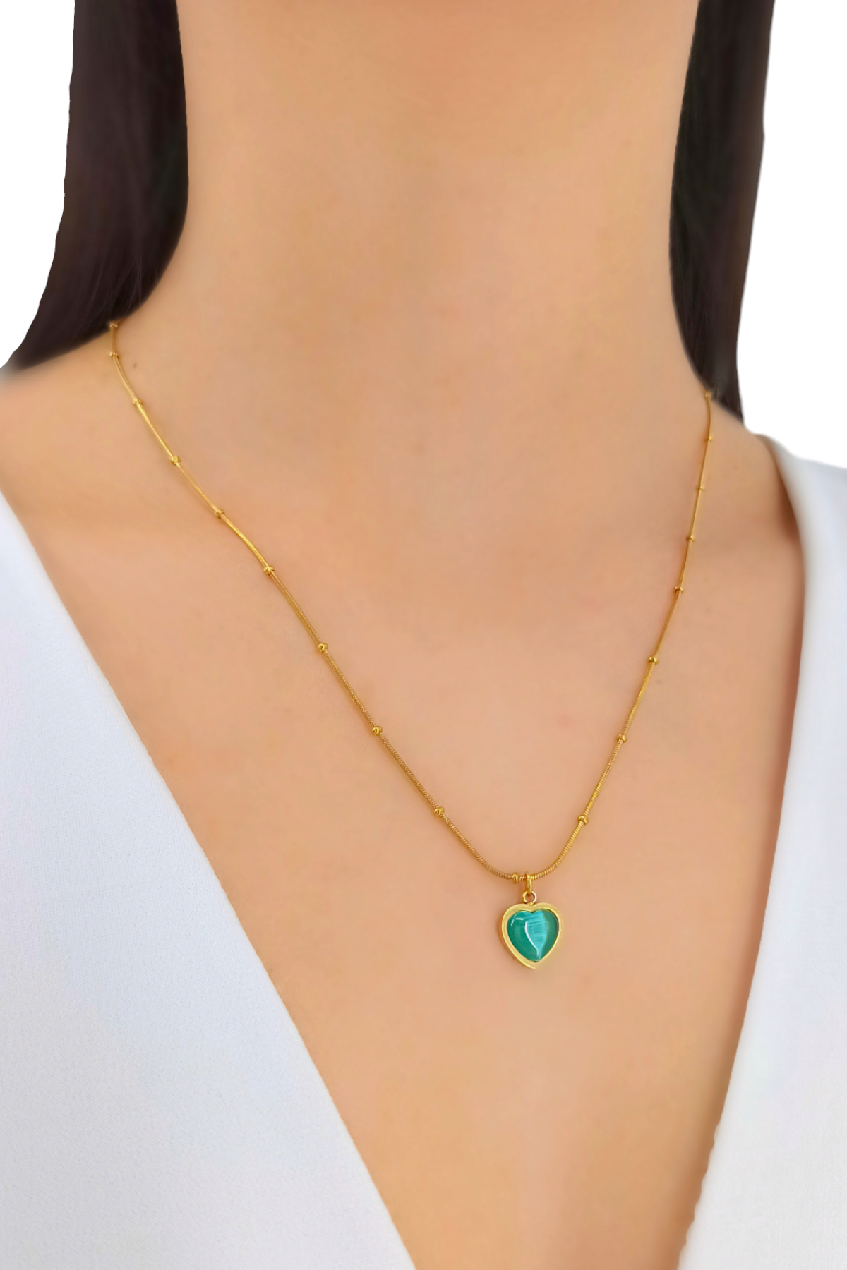 Çelik Yeşil Kalp Taş Minik Topcuk Kolye