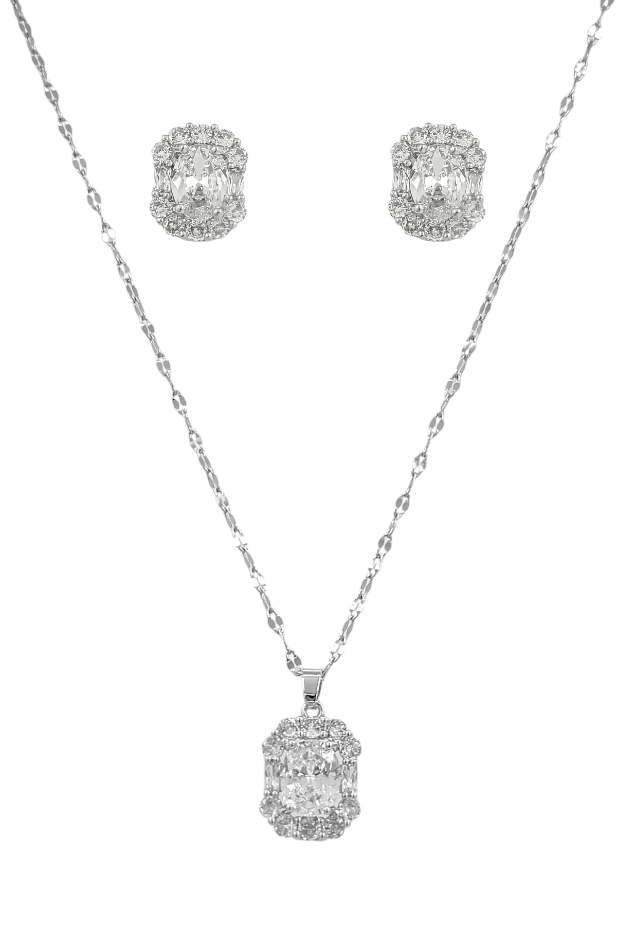 Çelik Zirkon Taş Oval Kolye-küpe Set