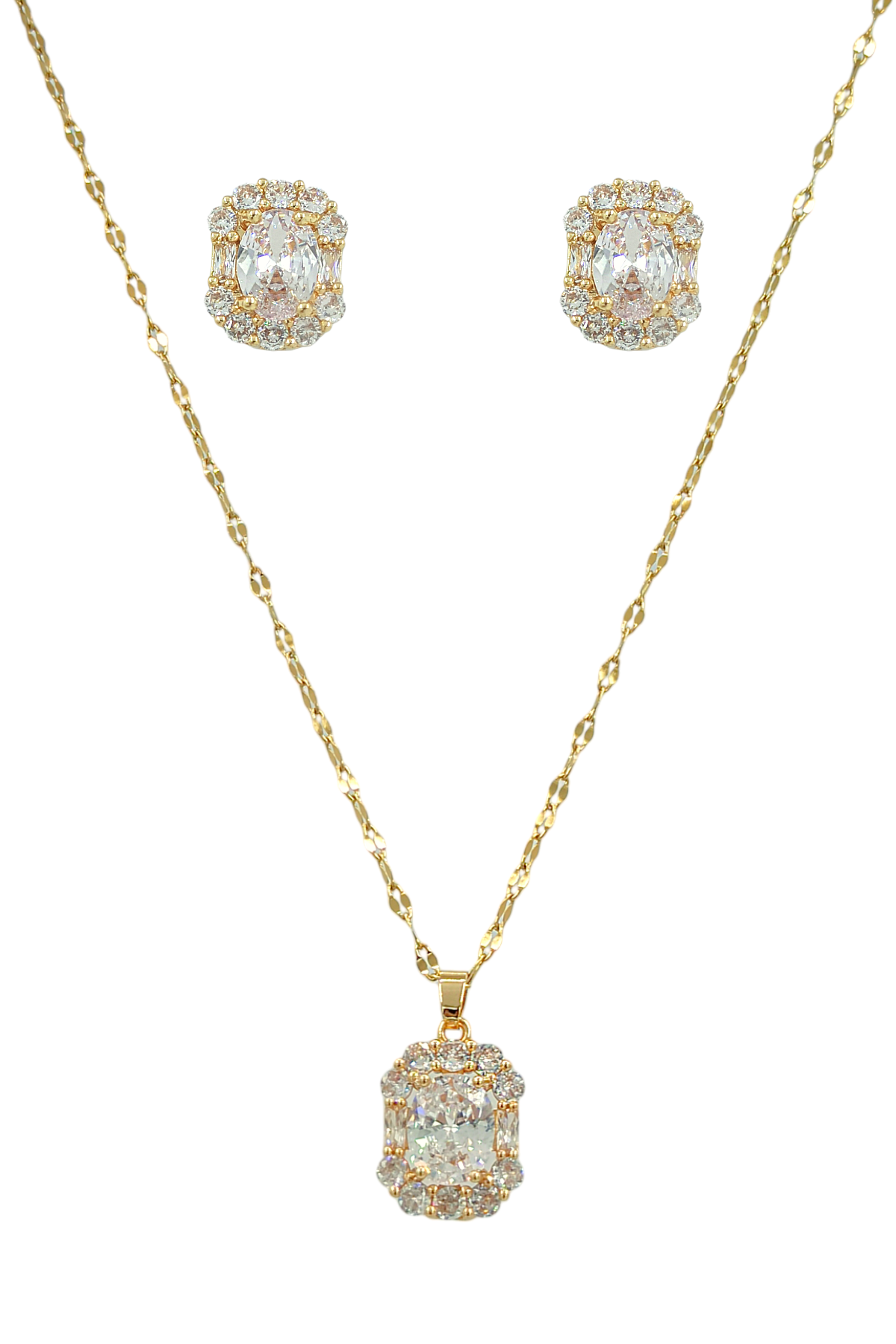 Çelik Zirkon Taş Oval Kolye-küpe Set