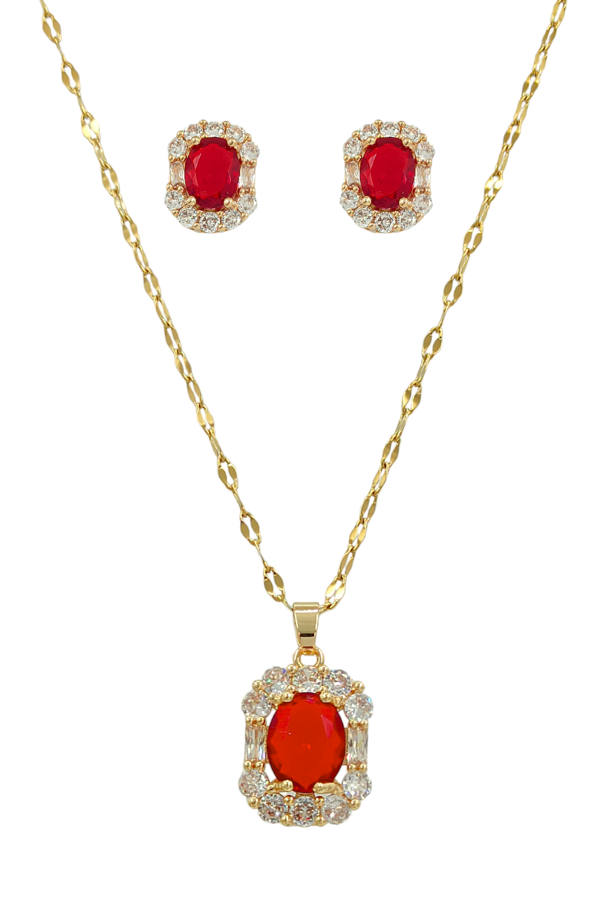 Çelik Zirkon Taş Oval Kolye-küpe Set