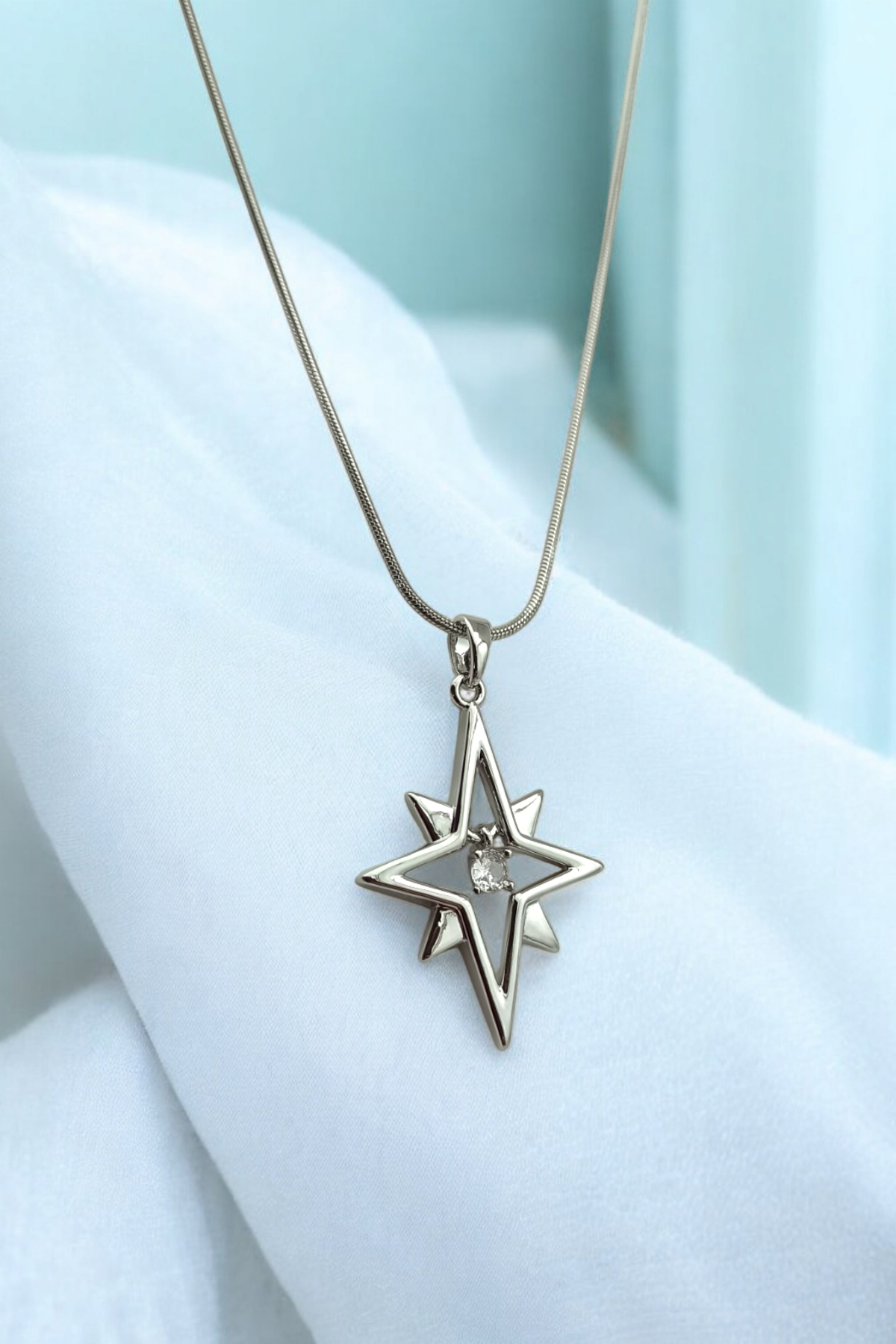 Çelik Zirkon Taş Plaka Kuzey Yıldız Kolye 50664