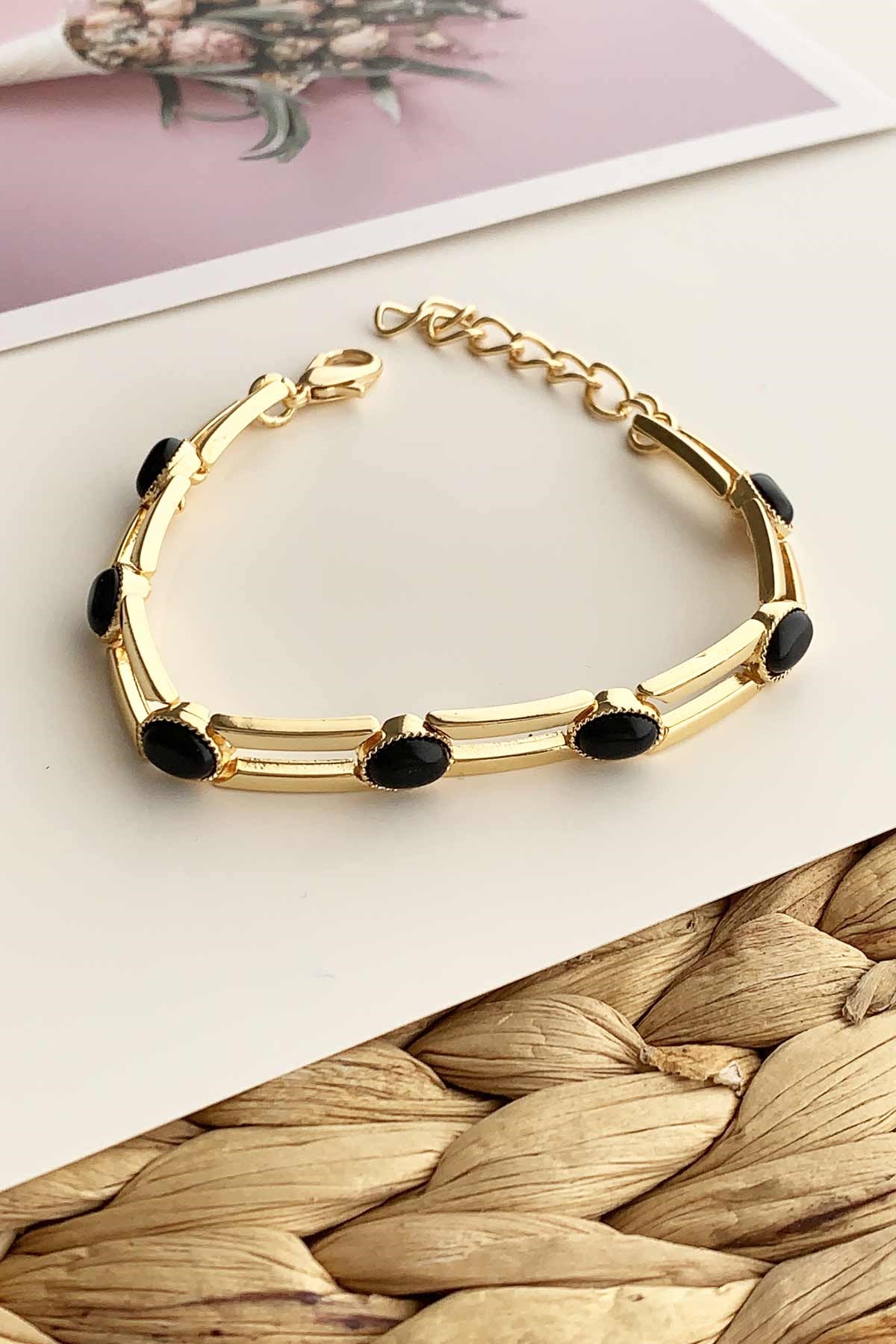 Oval Taşlı Geçmeli Zincir Bileklik TrBilek7584 B33503