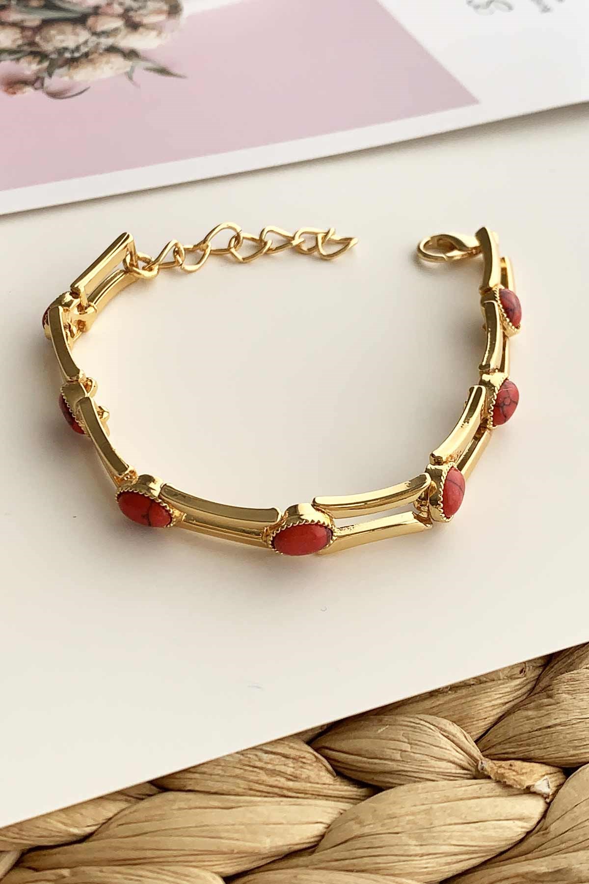 Oval Taşlı Geçmeli Zincir Bileklik TrBilek7584 B33503