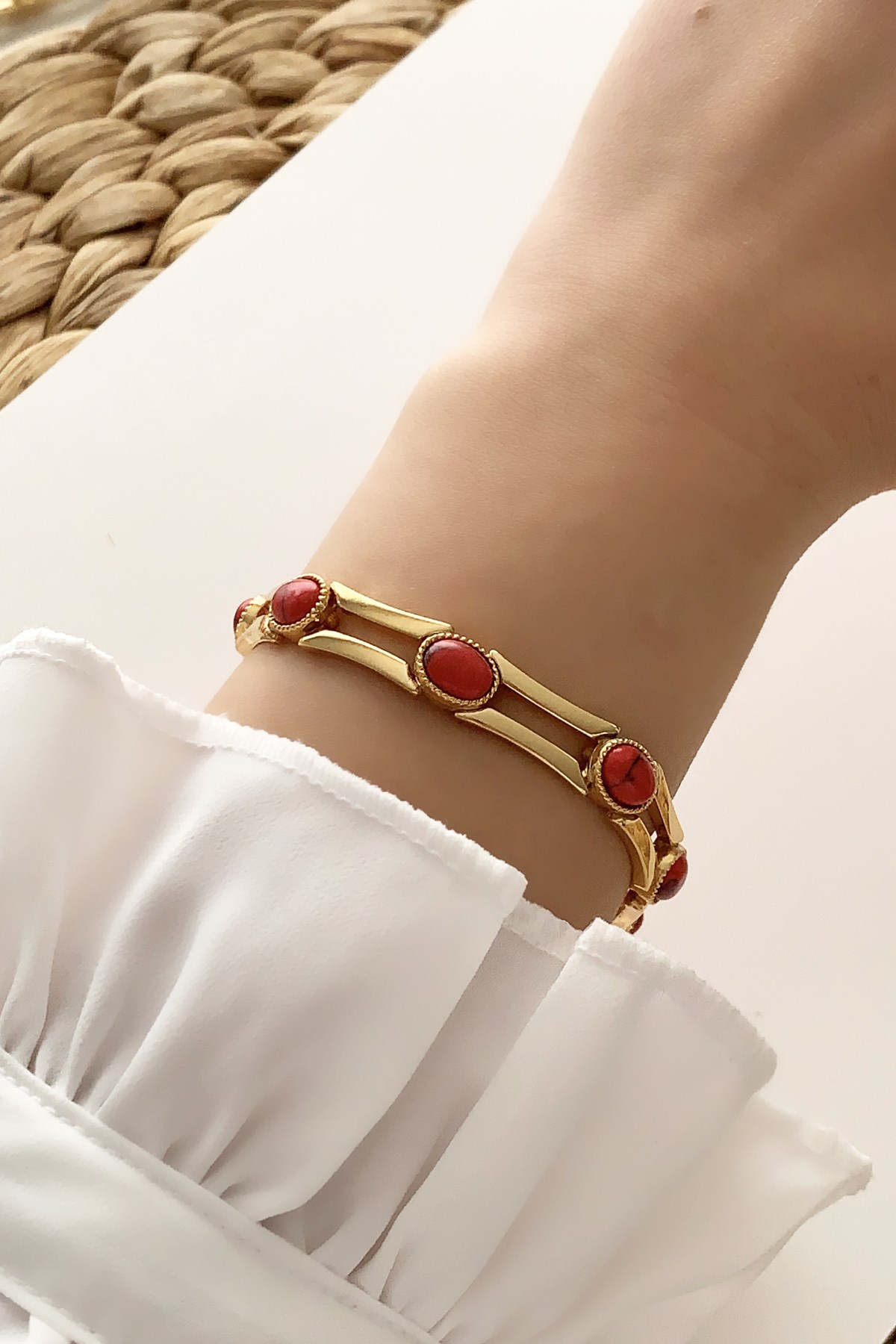 Oval Taşlı Geçmeli Zincir Bileklik TrBilek7584 B33503